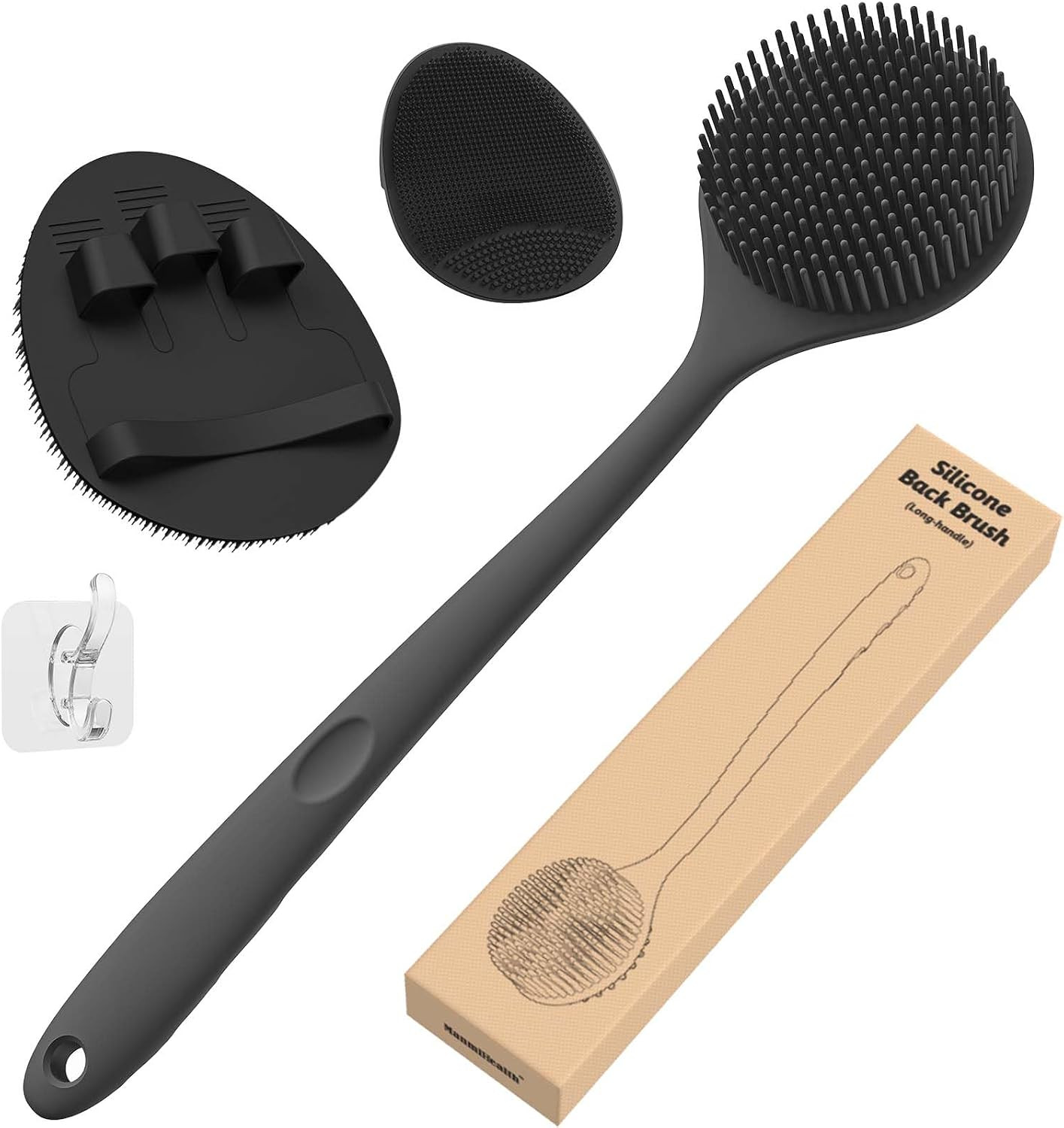 Manmihealth Silicone Back Scrubber (Thin Bristles) & Shower Face Brush Set(3Pcs)