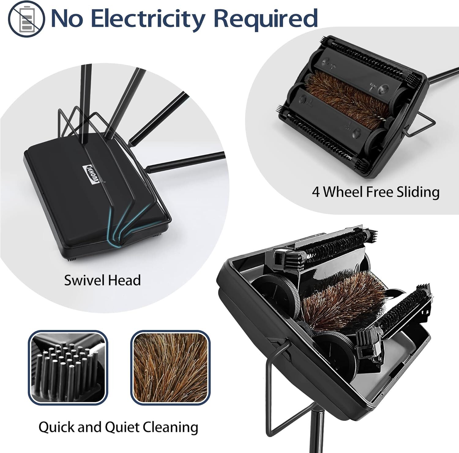Carpet Floor Sweeper with Adjustable Handle Non-Electric Manual Sweeping Black