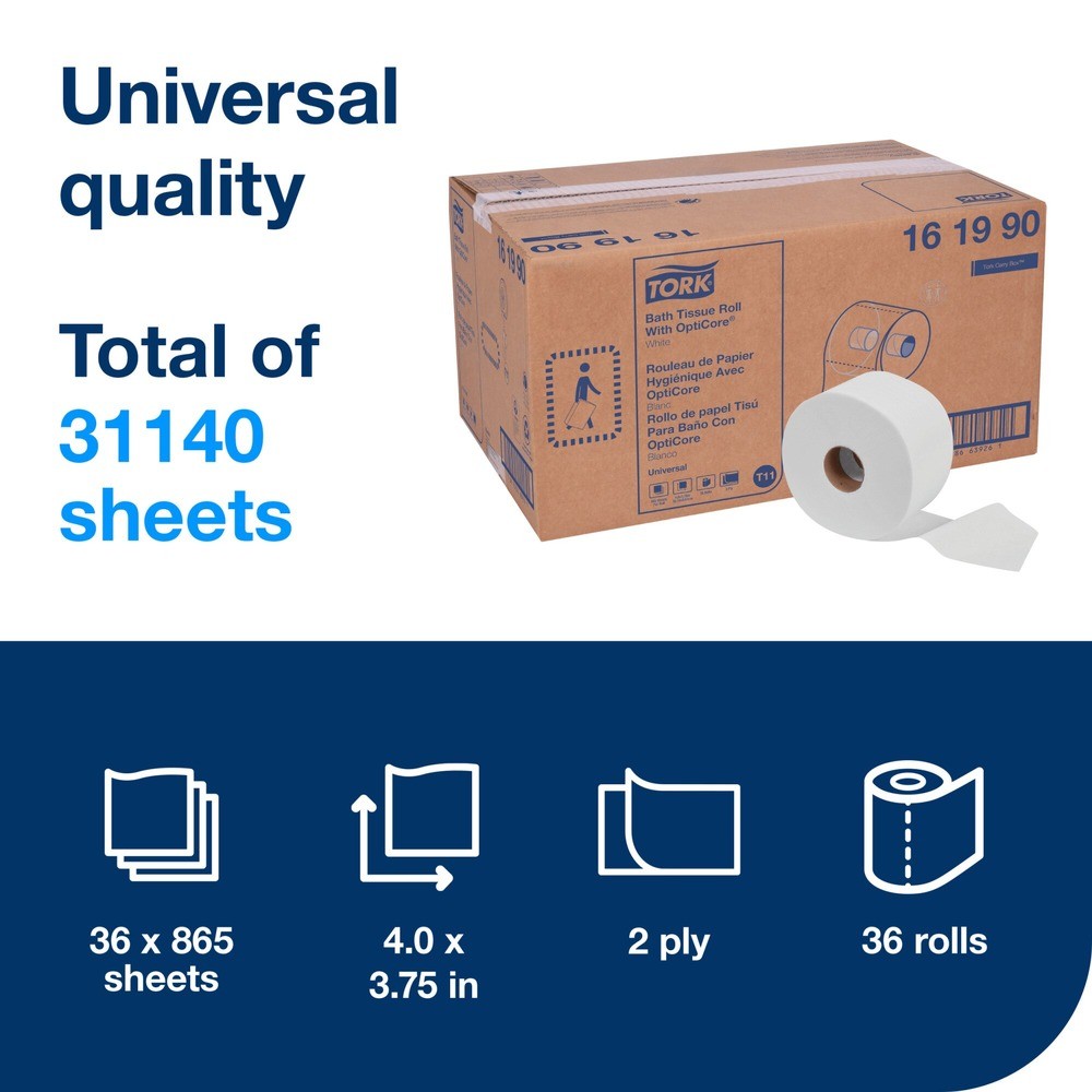 Tork 161990 2-Ply Universal Bath Tissue Roll w/ OptiCore – White (36/Carton) New