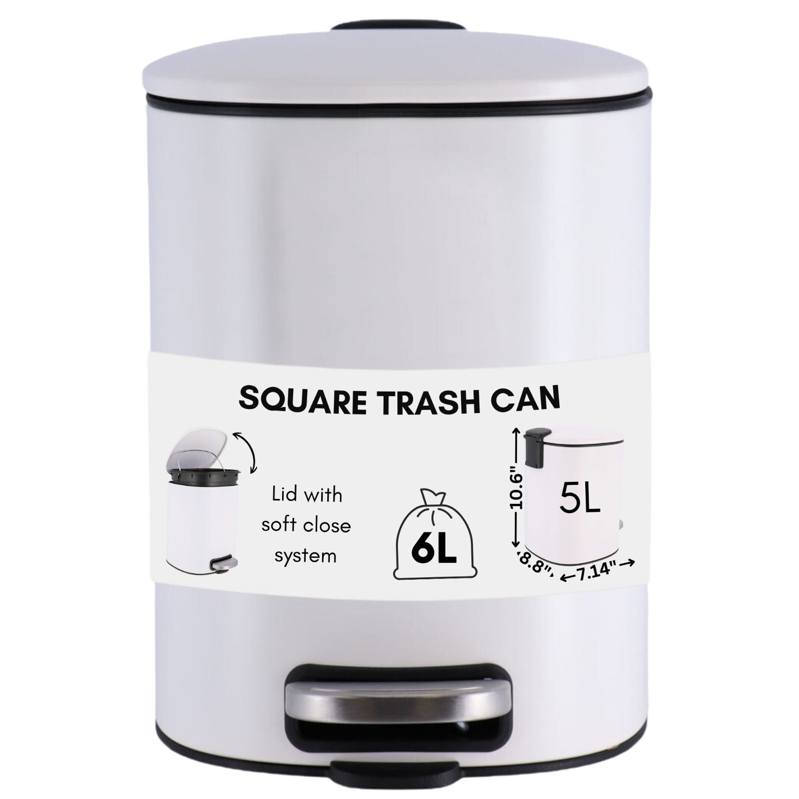 Square Metal Trash Can, Silent Soft Close Lid, 5L – 1.3 Gal Capacity, Foot Pedal