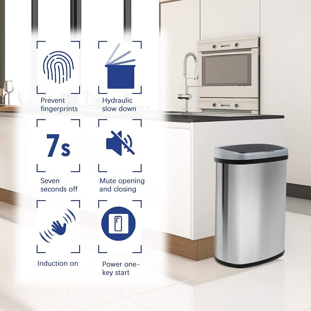 13 Gallon Kitchen Trash Can Automatic Touch Free Garbage Can with Lid Stainless