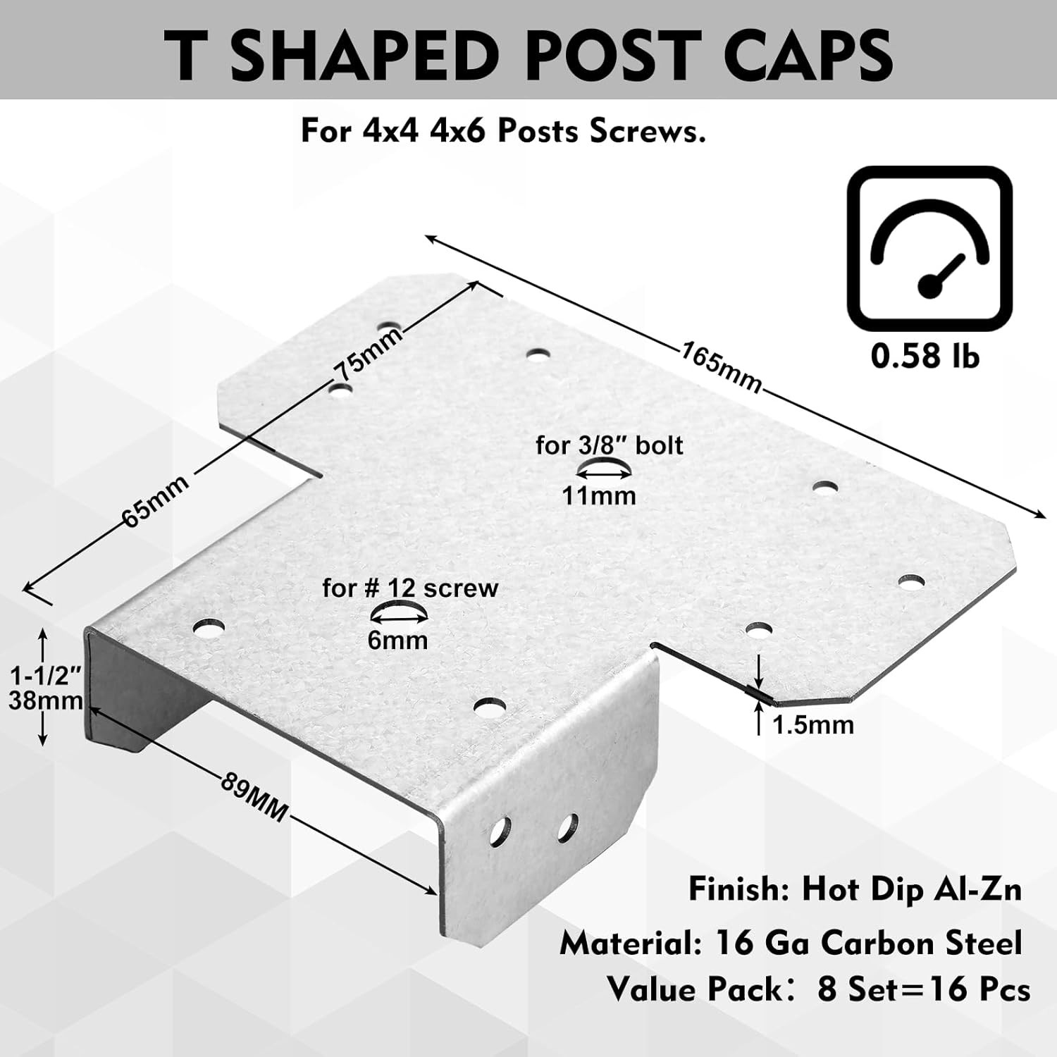 4 Set T-Shaped Post Caps & Beam Brackets, Adjustable 4X4 & 4X6 Connectors, Galva