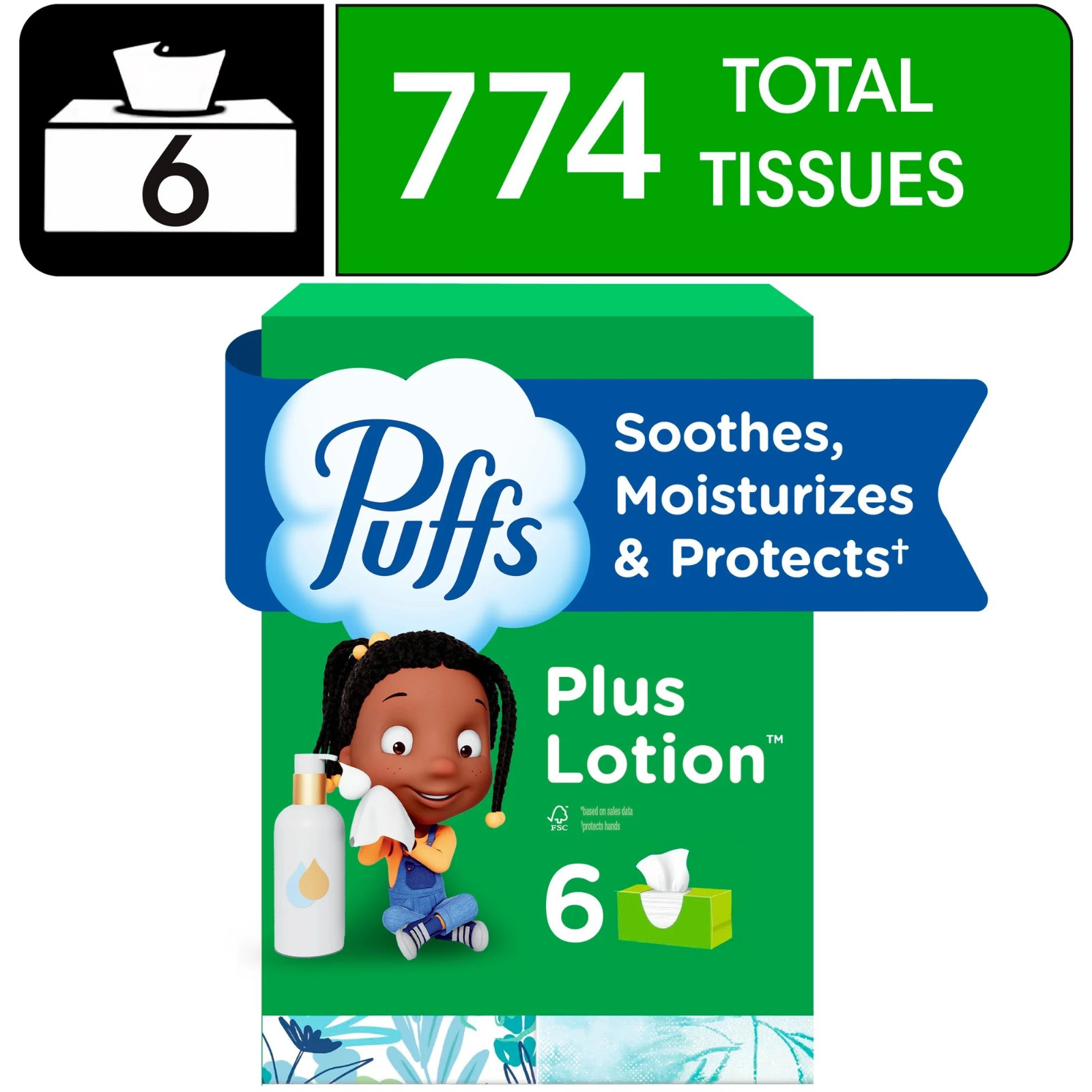 Puffs Plus Lotion Facial Tissue, 6 Family Size Boxes, 124 Tissues per Box