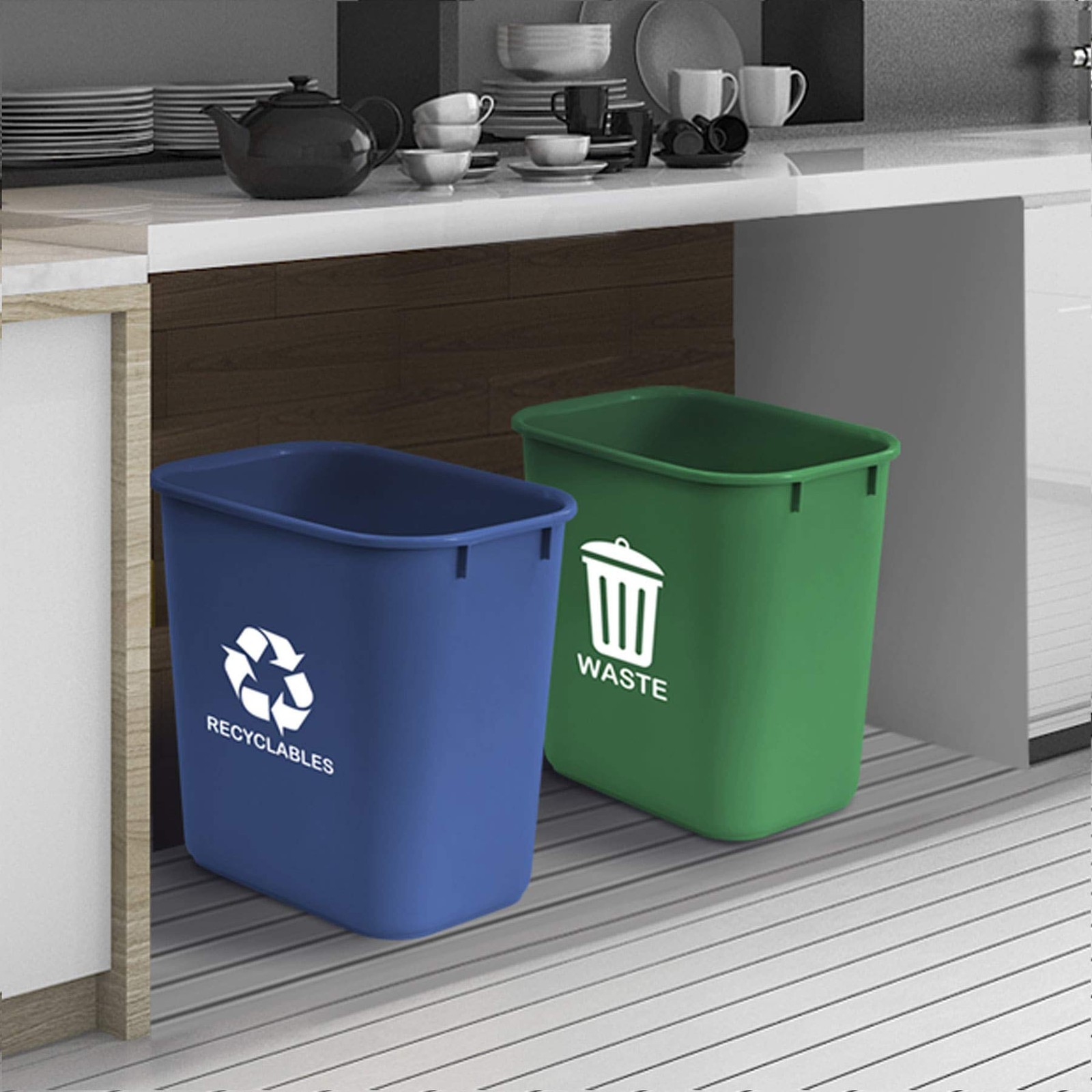 2 PCS 6.75 Gallon Green Blue Plastic Trash Can Wastebasket Recycling Waste Bin