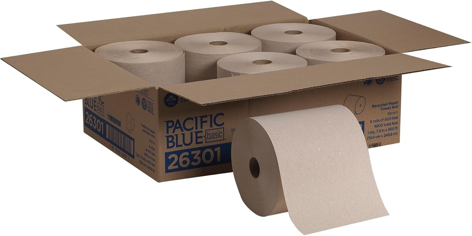Pacific Blue Basic 800ft Recycled Hardwound Paper Towel Rolls – 6 Count