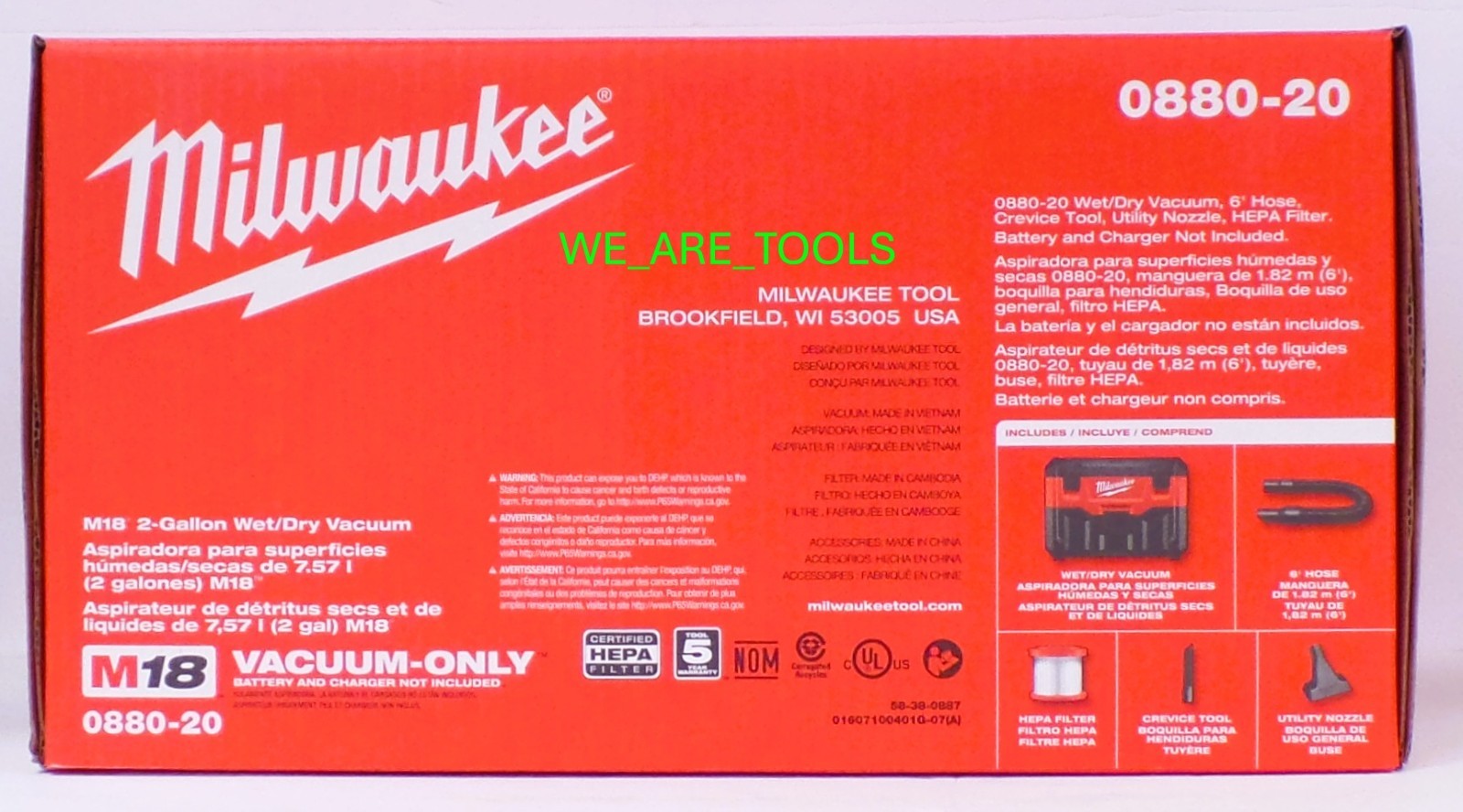 NEW IN BOX Milwaukee 0880-20 Cordless Vacuum M18 2 Gal Wet/Dry HEPA 18 Volt Vac