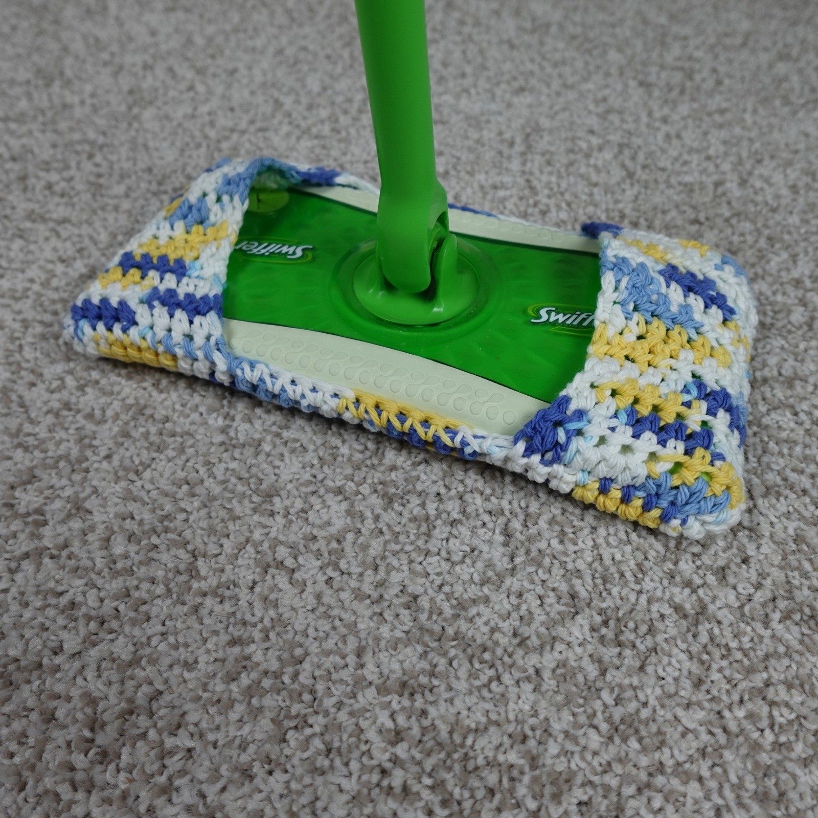 Handmade Crochet Reusable Mop Cover Blue Yellow White Cotton Swiffer Pad