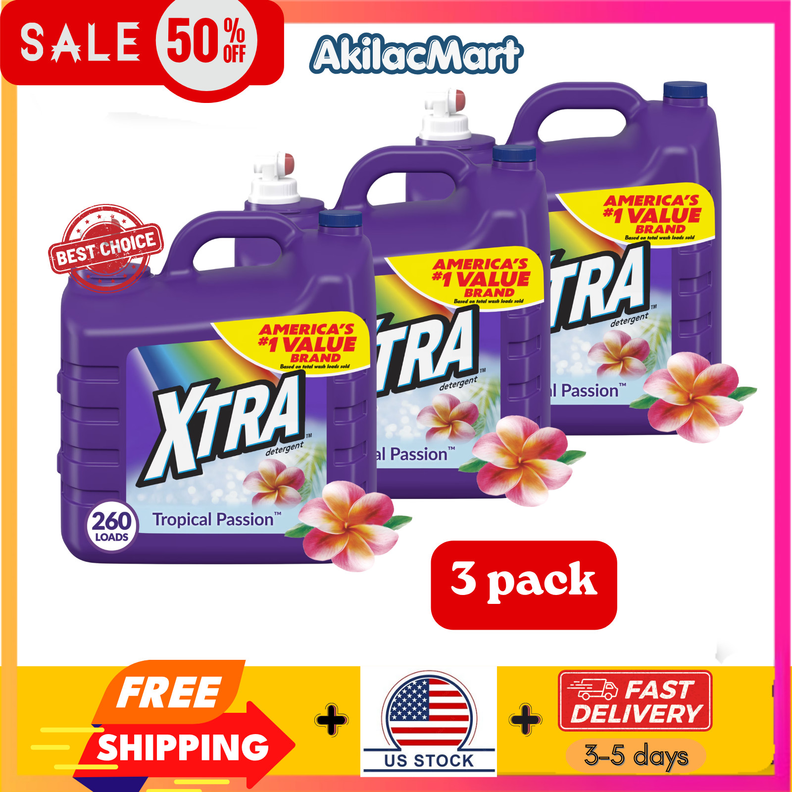 3 pack – Xtra Tropical Passion, 260 Loads Liquid Laundry Detergent, 312 fl oz