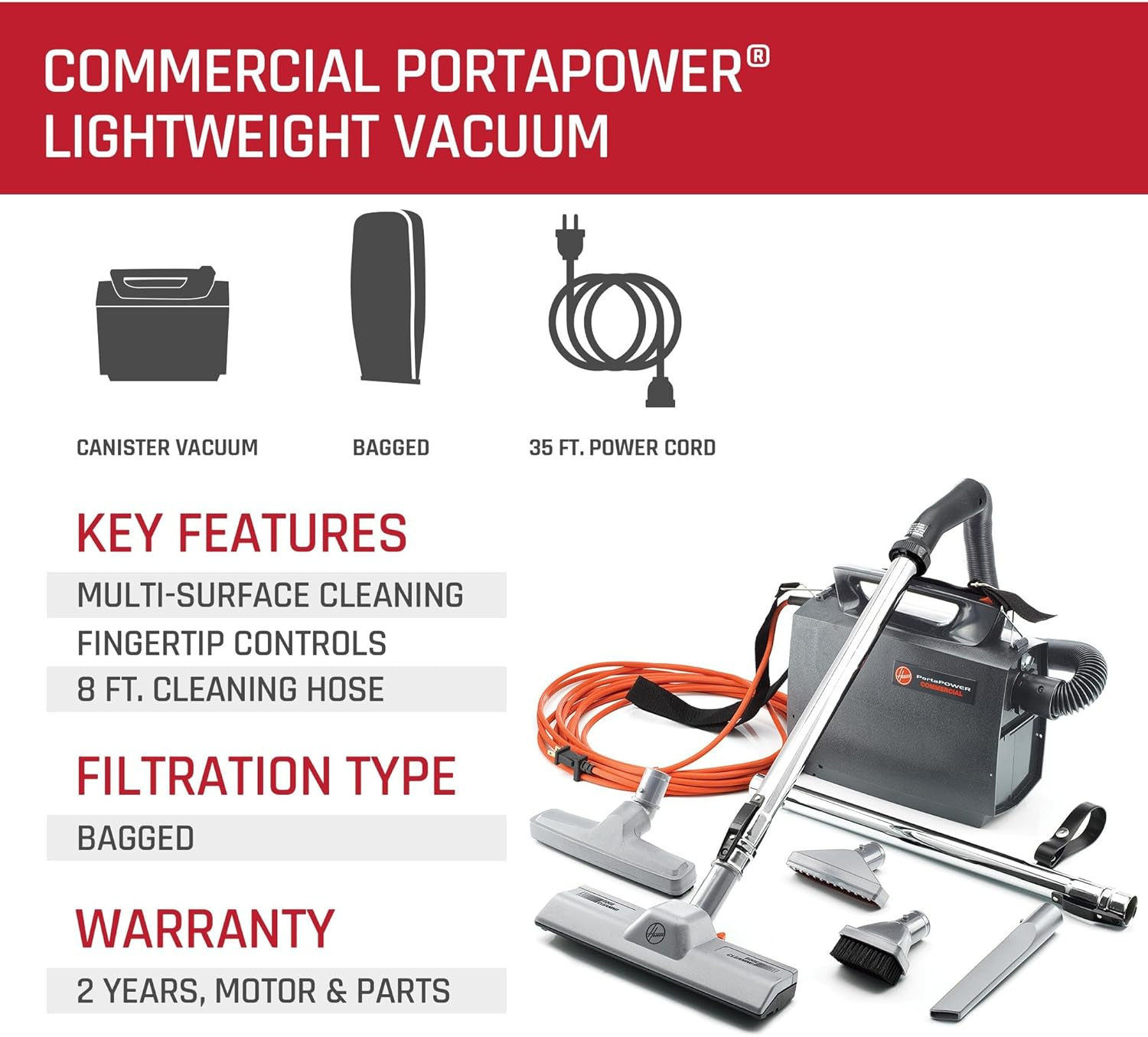 Hoover Commercial Portapower Lightweight Canister Vacuum Cleaner, Bagged Caniste