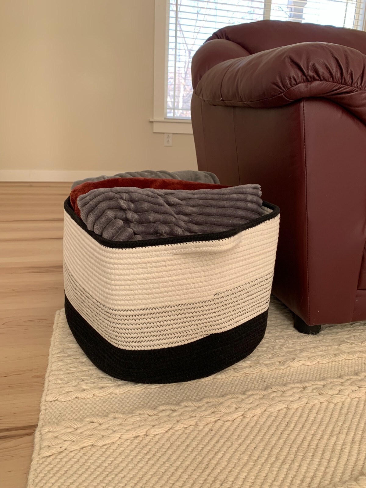 Large black & white cotton rope basket, blanket basket, storage basket, laundry