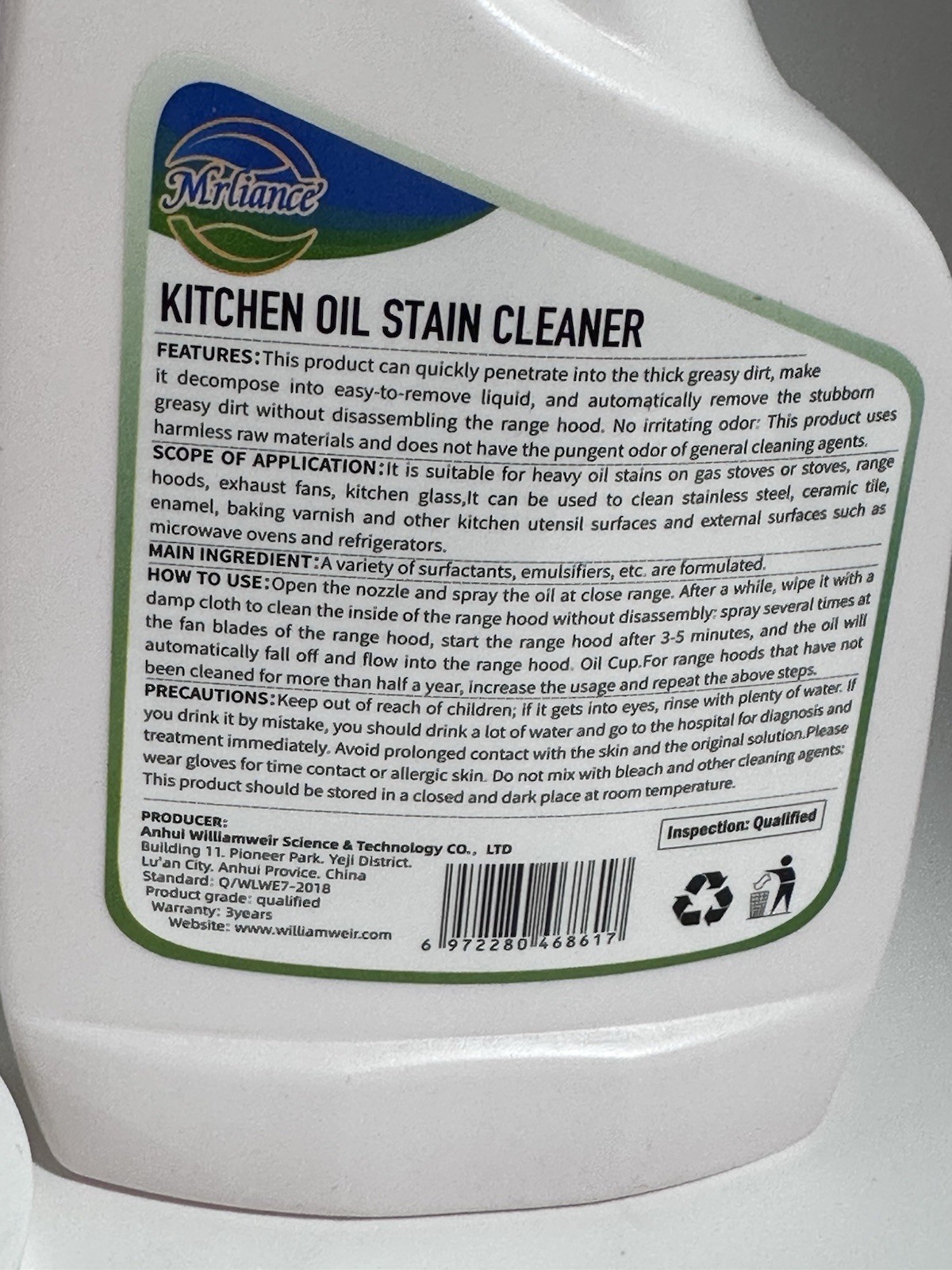 500ml Mrliance Kitchen Oil Stain Cleaner 2X Cleaning Power 500ml