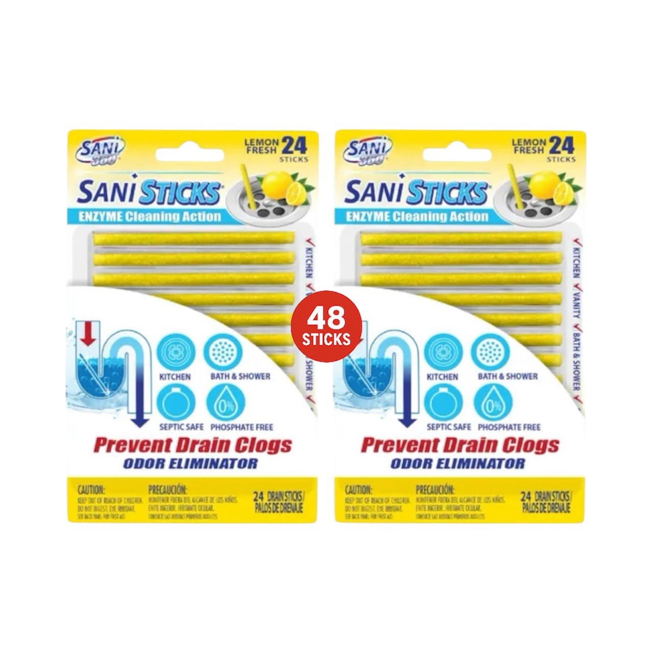 SANI 360° Sani Sticks Drain Cleaner and Deodorizer, Lemon Fresh Scent, 48 Count