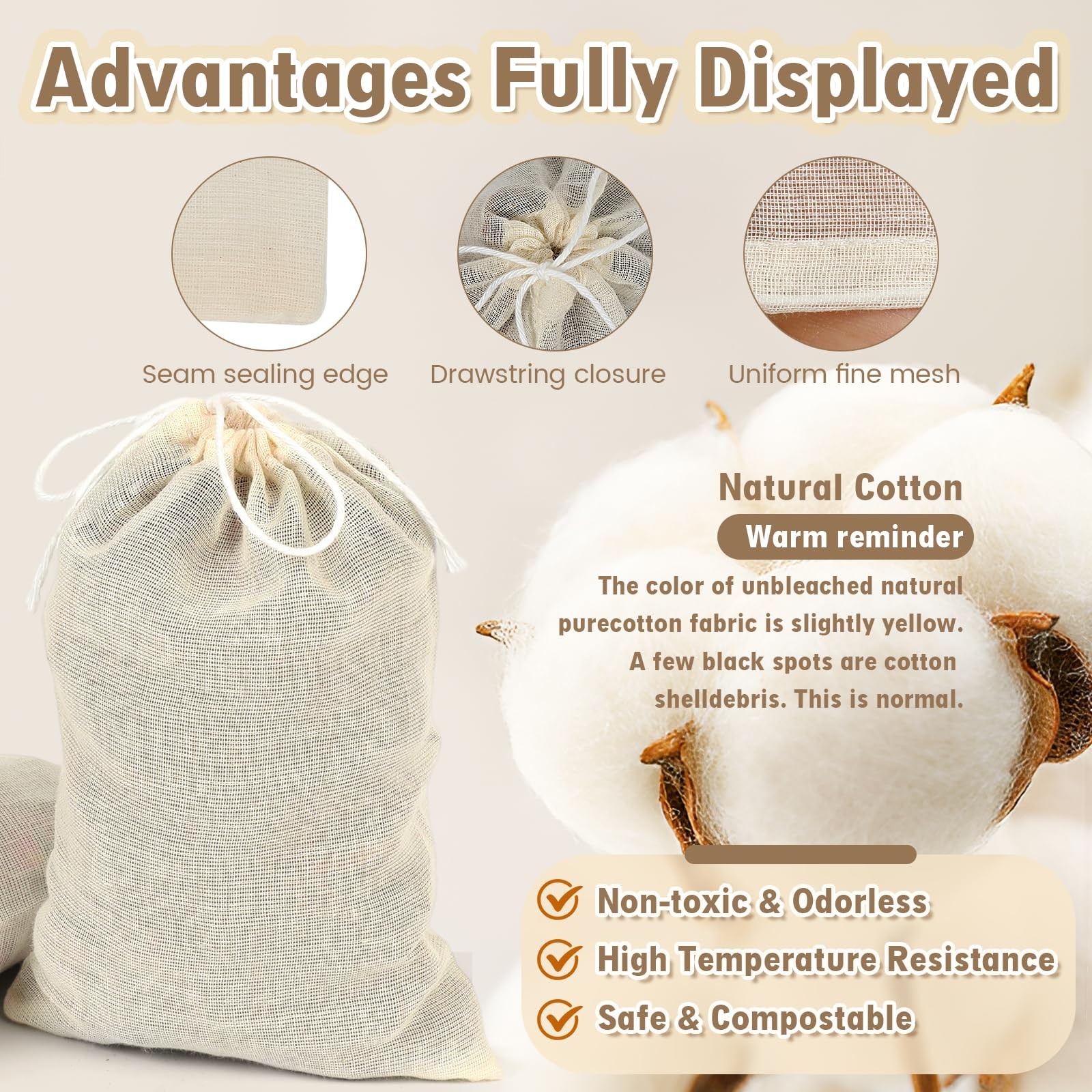 Uefegrs Reusable Muslin Tea Bags: 30pcs 3x4inch and 4x6inch, Off-White