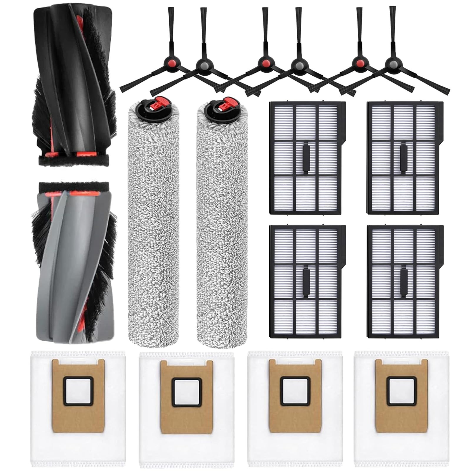 17Pc eufy E25/E28 Kit: 1 Main Brush, 2 Mop, 6 Side, 4 HEPA, 4 Bags