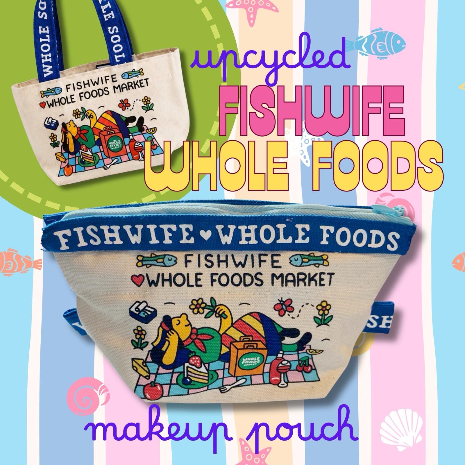 unique Upcycled Fishwife x Whole Foods mini tote Makeup Pouch w lining fish wife