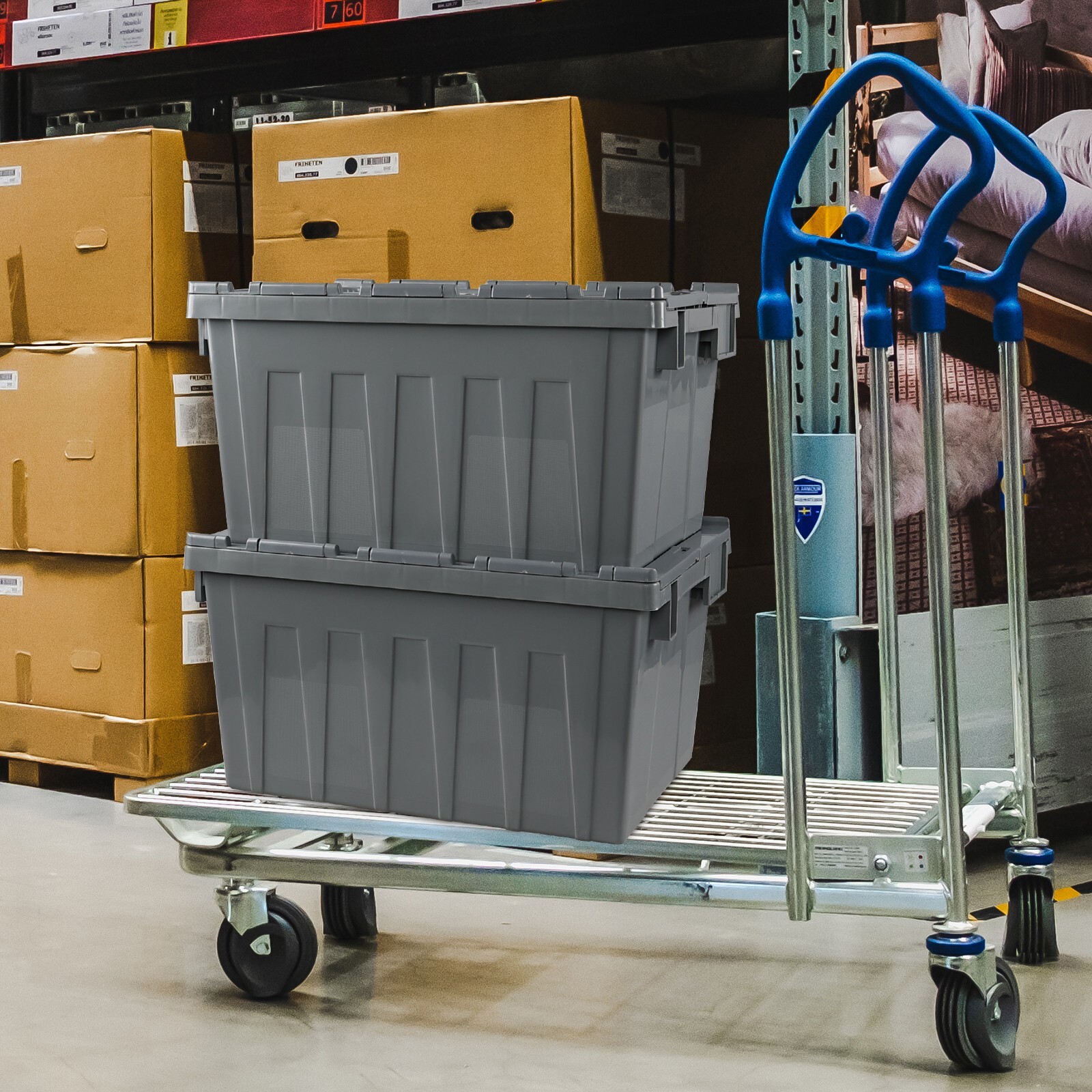 Cand 15 Gallon Plastic Industrial Storage Tote with Hinged Attached Lid, 4 Packs