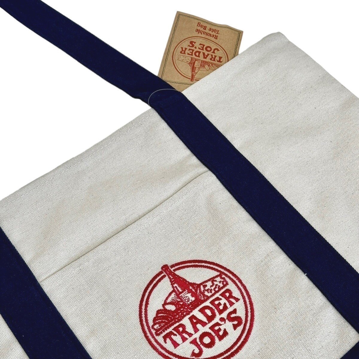 Trader Joes Reusable Canvas Tote Shopping Bag Navy Blue Cream Eco Heavy Duty NWT