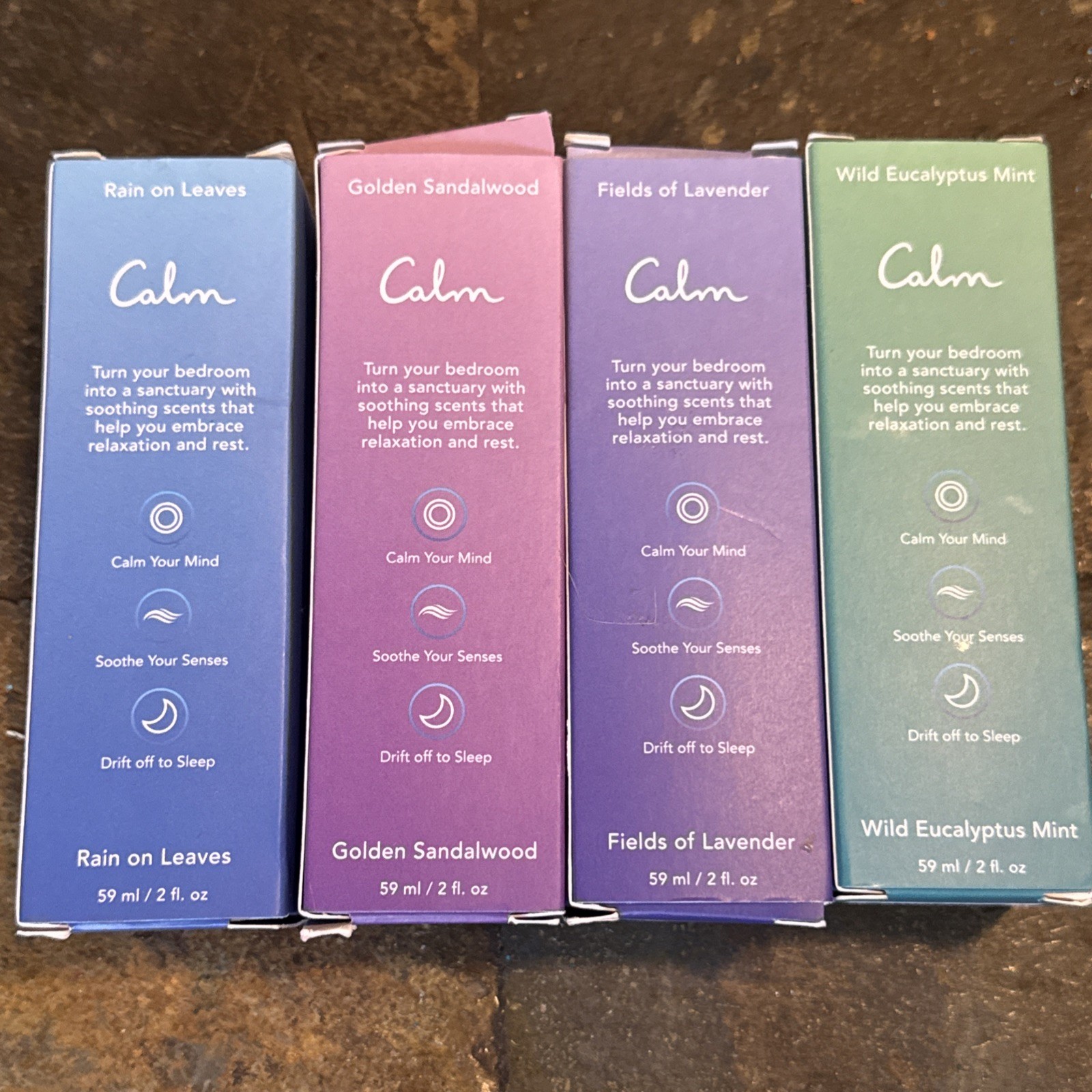 Set Of 4 “Calm Linen Spray” Rain On Leaves Sandalwood Lavender Mint 2 oz Each