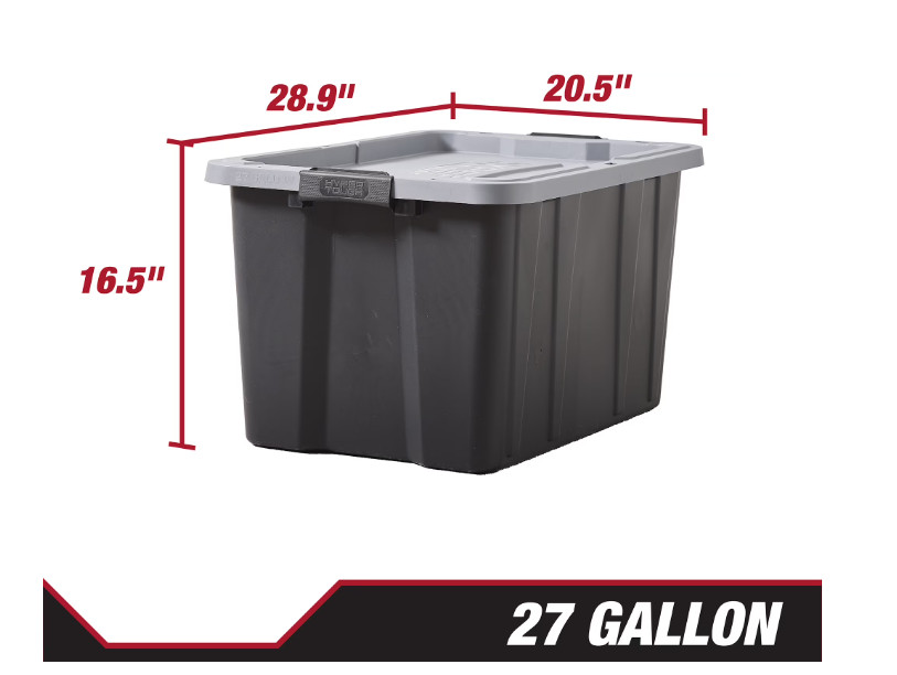27 Gallon Heavy Duty Storage Bin with Latch Lid Black Gray Container