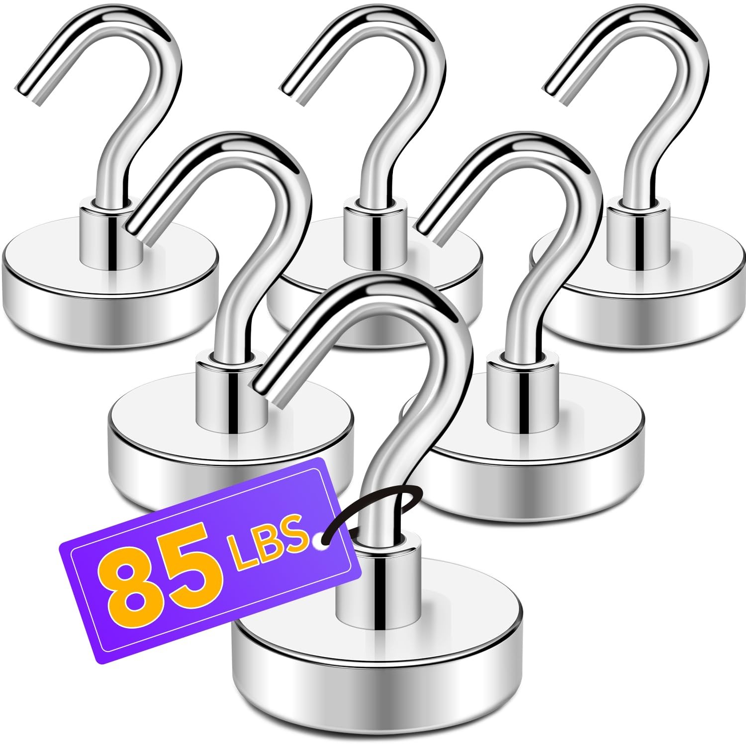 TRYMAG Strong Magnetic Hooks for Cruise Cabins, 6 85lb Hooks, Silver