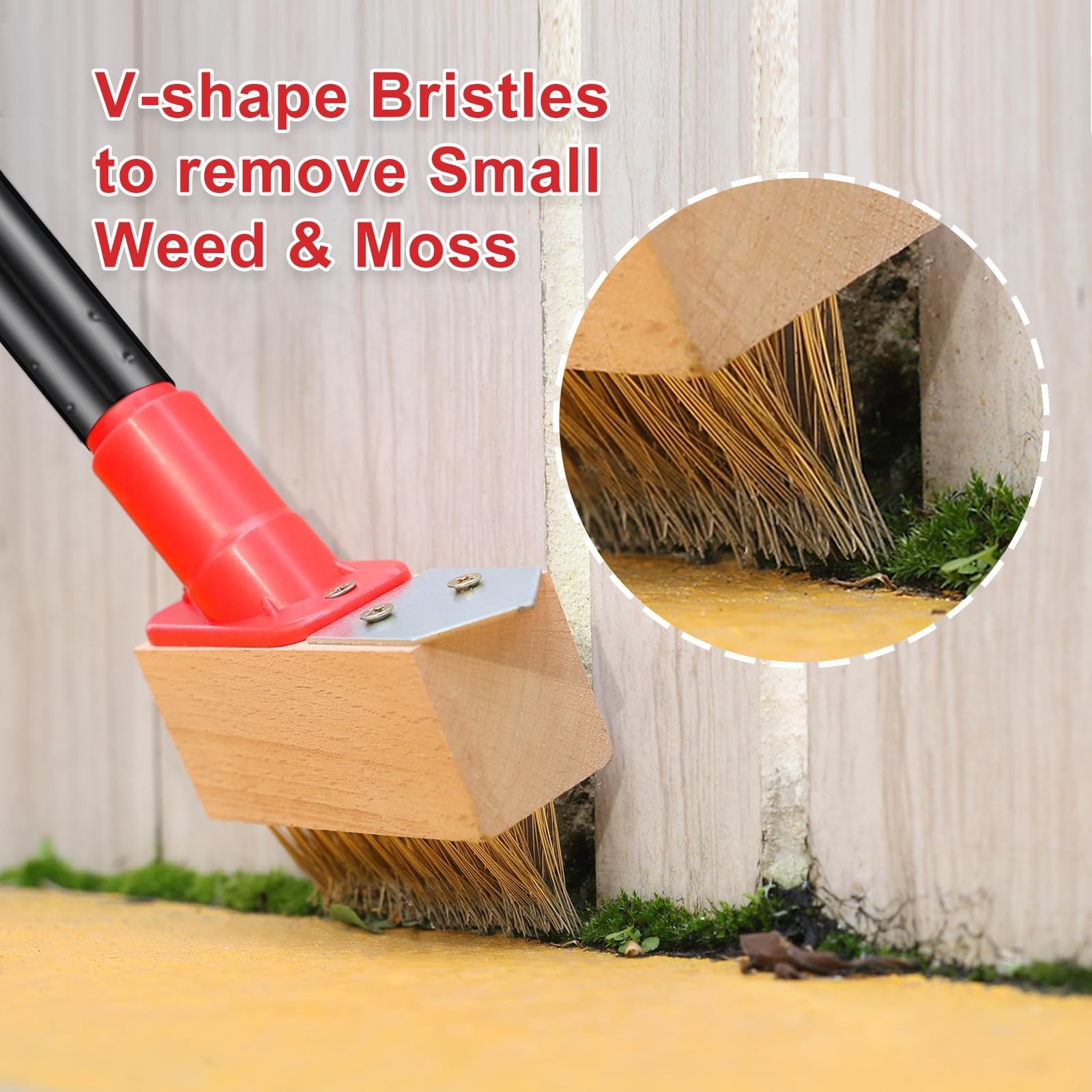 Moss Removal Brush with Long Handle, Deck Crack Cleaner & Weed Remover Tool