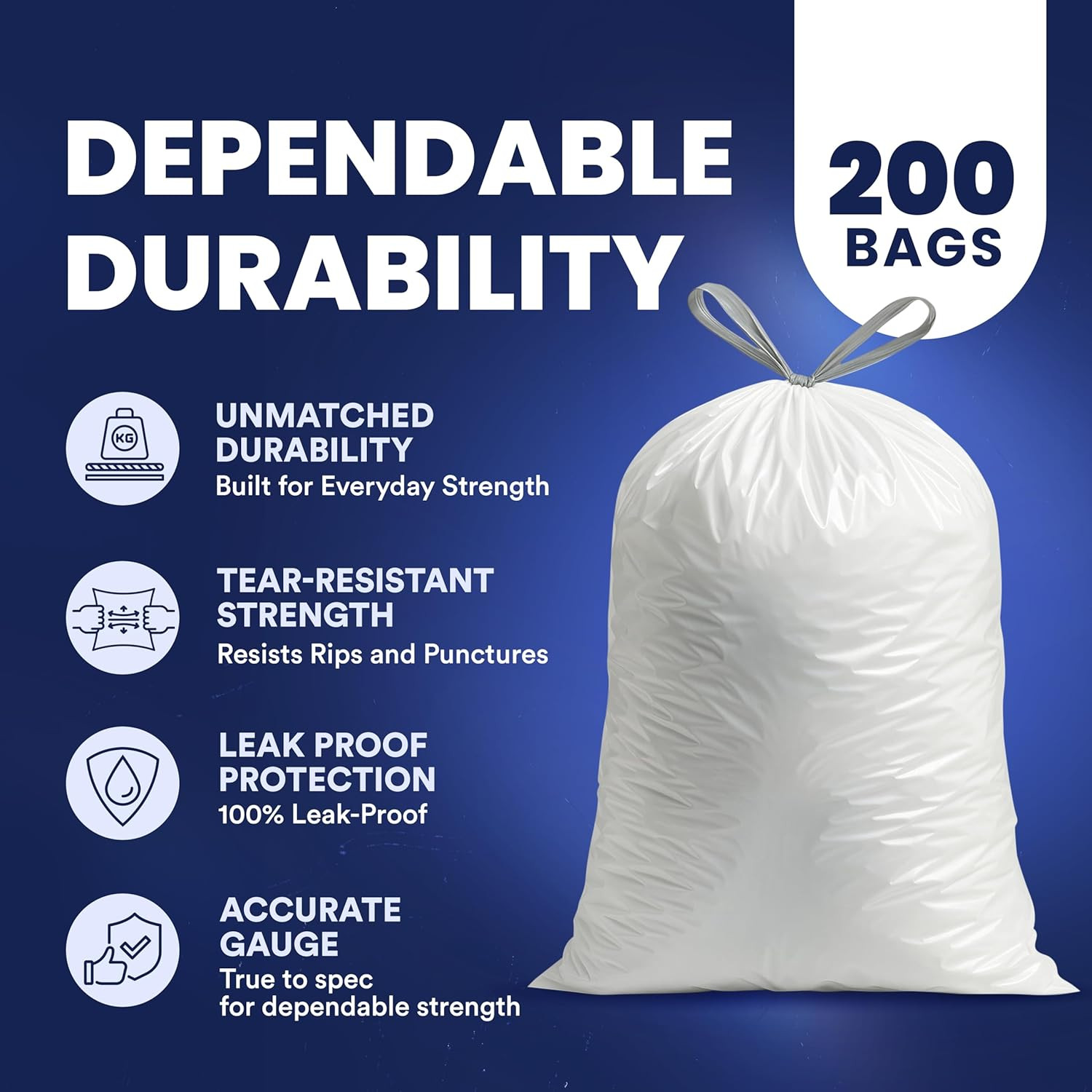 4 – 6 Gallon White Drawstring Bags, 100% Prime Material, 17X20, 0.7 Mil, 200/Cas