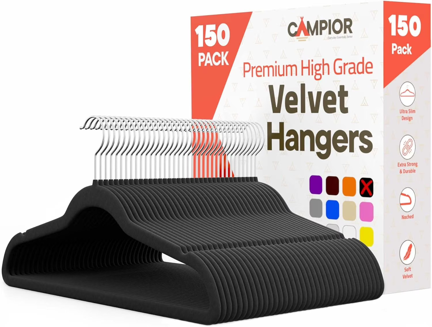 Black Velvet Hangers 150 Pack – Heavy-Duty 10 lbs Capacity, 360° Swivel Hook,