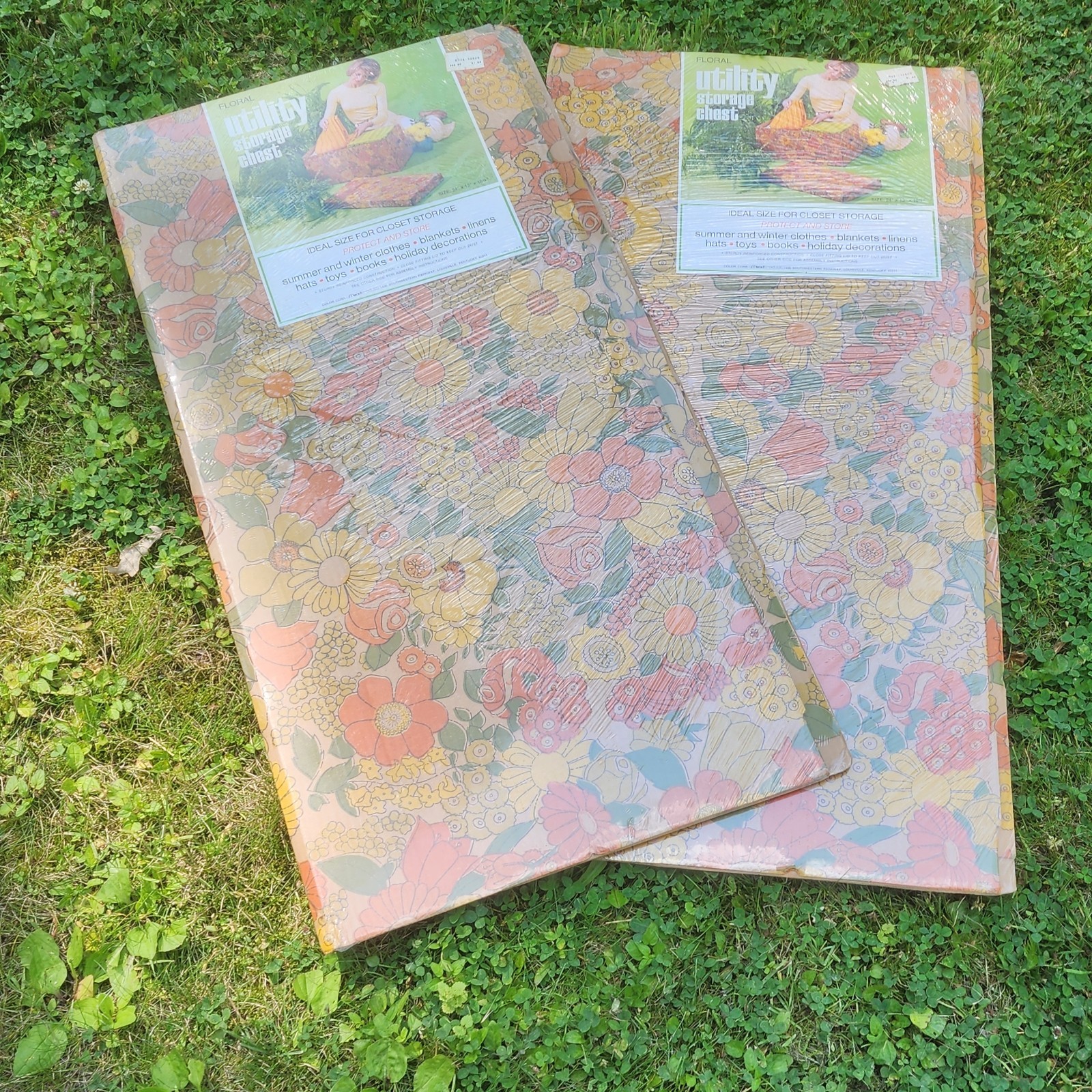 Vtg Mid Century Floral Cardboard Under Bed Storage Chest Mod Flower Power Sealed