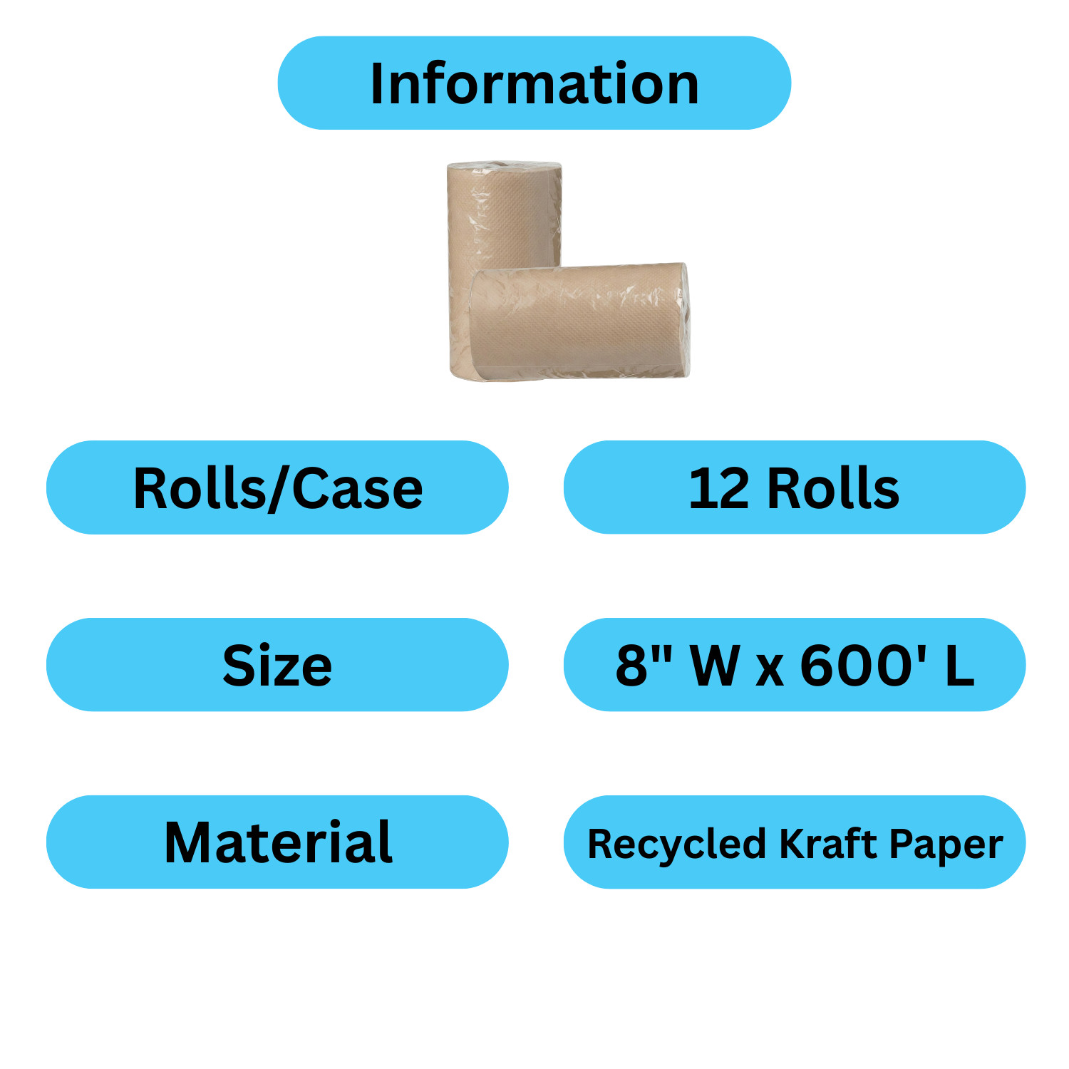 8″ x 600′ Kraft Paper Towel Roll 1 Ply (2″ Core) – 12 Rolls/Case – 1 Case
