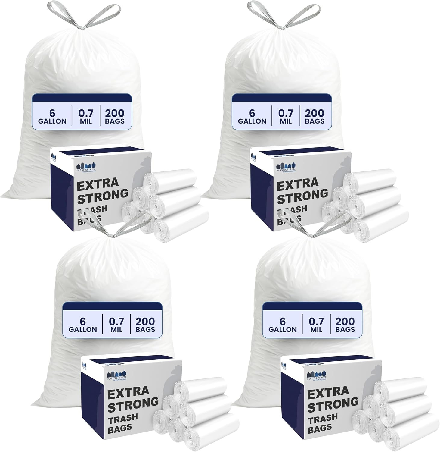 4 – 6 Gallon White Drawstring Bags, 100% Prime Material, 17X20, 0.7 Mil, 200/Cas