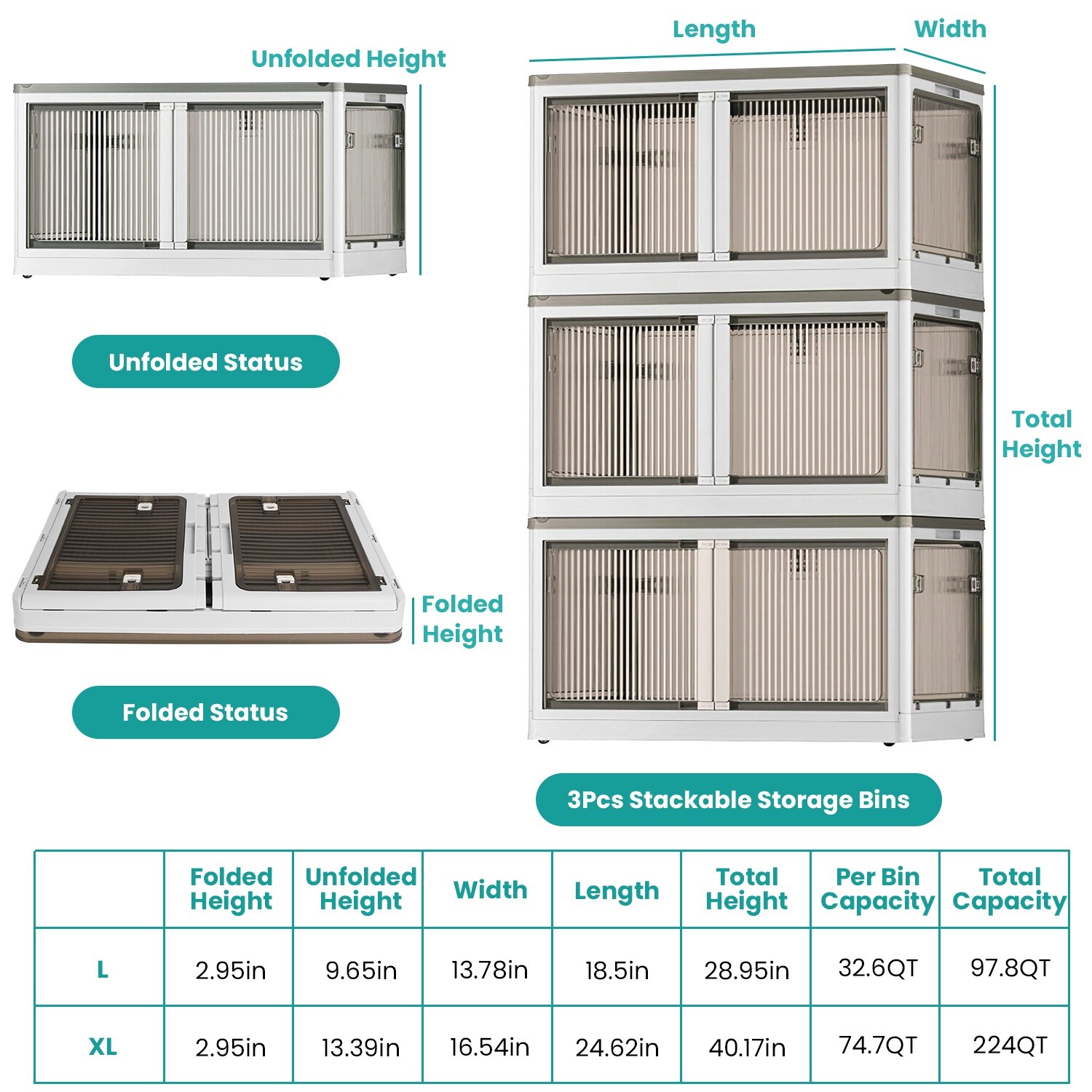3 Pack Collapsible Storage Bins w/ Lids 4 Wheels Doors Lock Stackable Closet Box