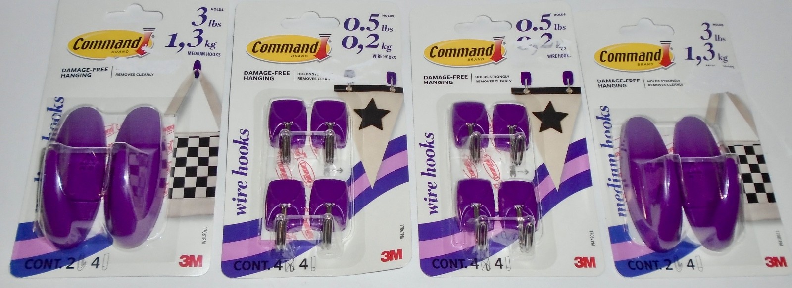 NEW PURPLE 3M COMMAND STRIPS WIRE & MEDIUM HOOKS .5 LBS. & 3LBS. – 12 HOOKS