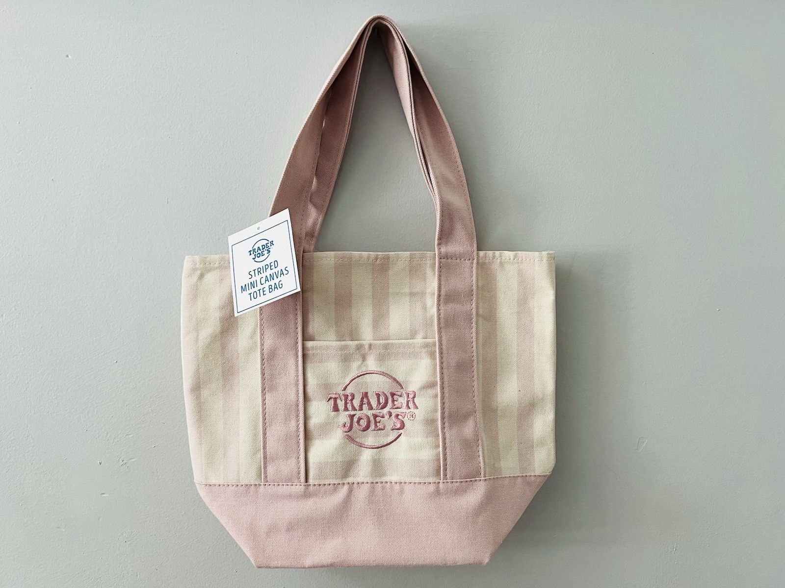 Trader Joe’s 2026 Striped Mini Canvas Tote Bag Pink/Beige Cotton/Polyester NWT