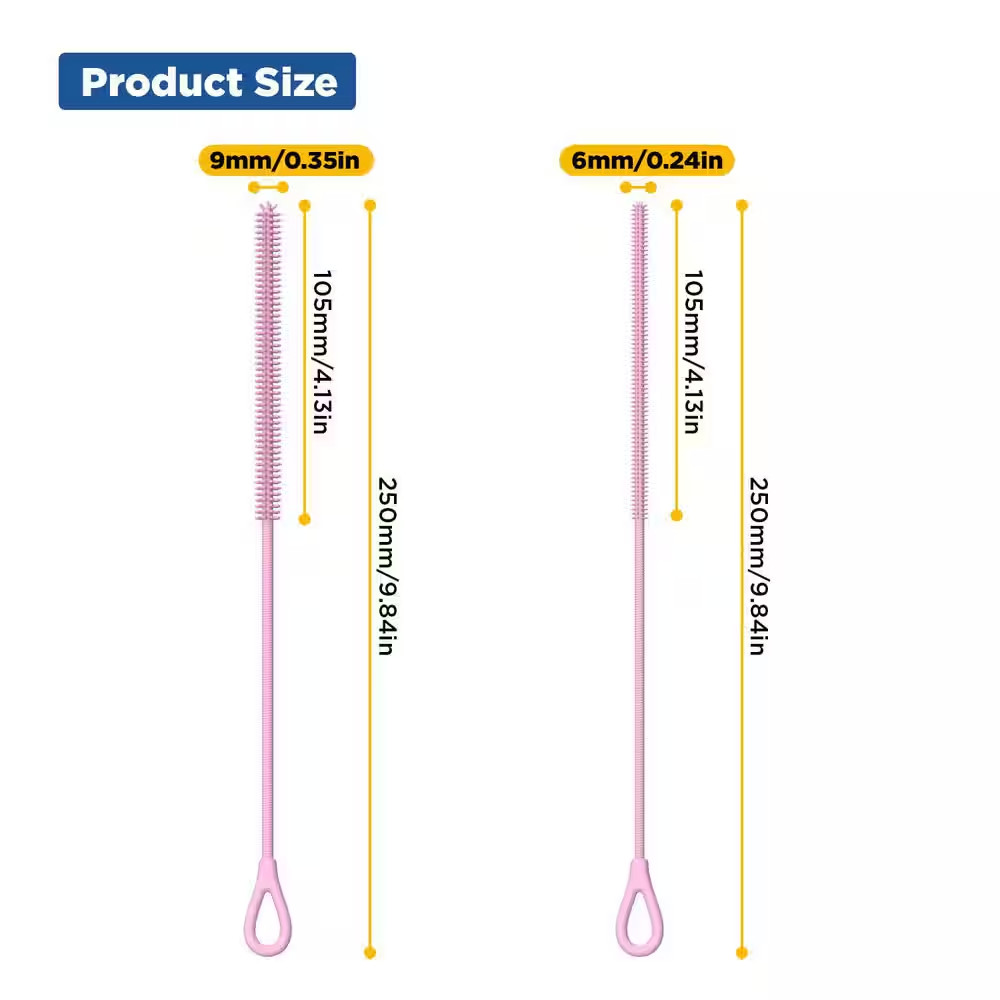 9.84 In. 6Mm+9Mm Non-Slip Disposable Silicone Straw Cleaner Brush for Cleaning T