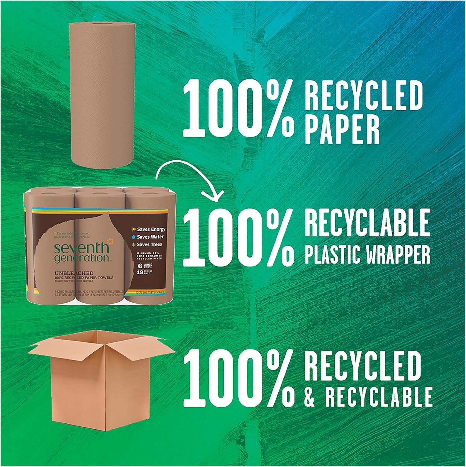 Seventh Generation Unbleached Paper Towels, 100% Recycled Paper, 6 Count