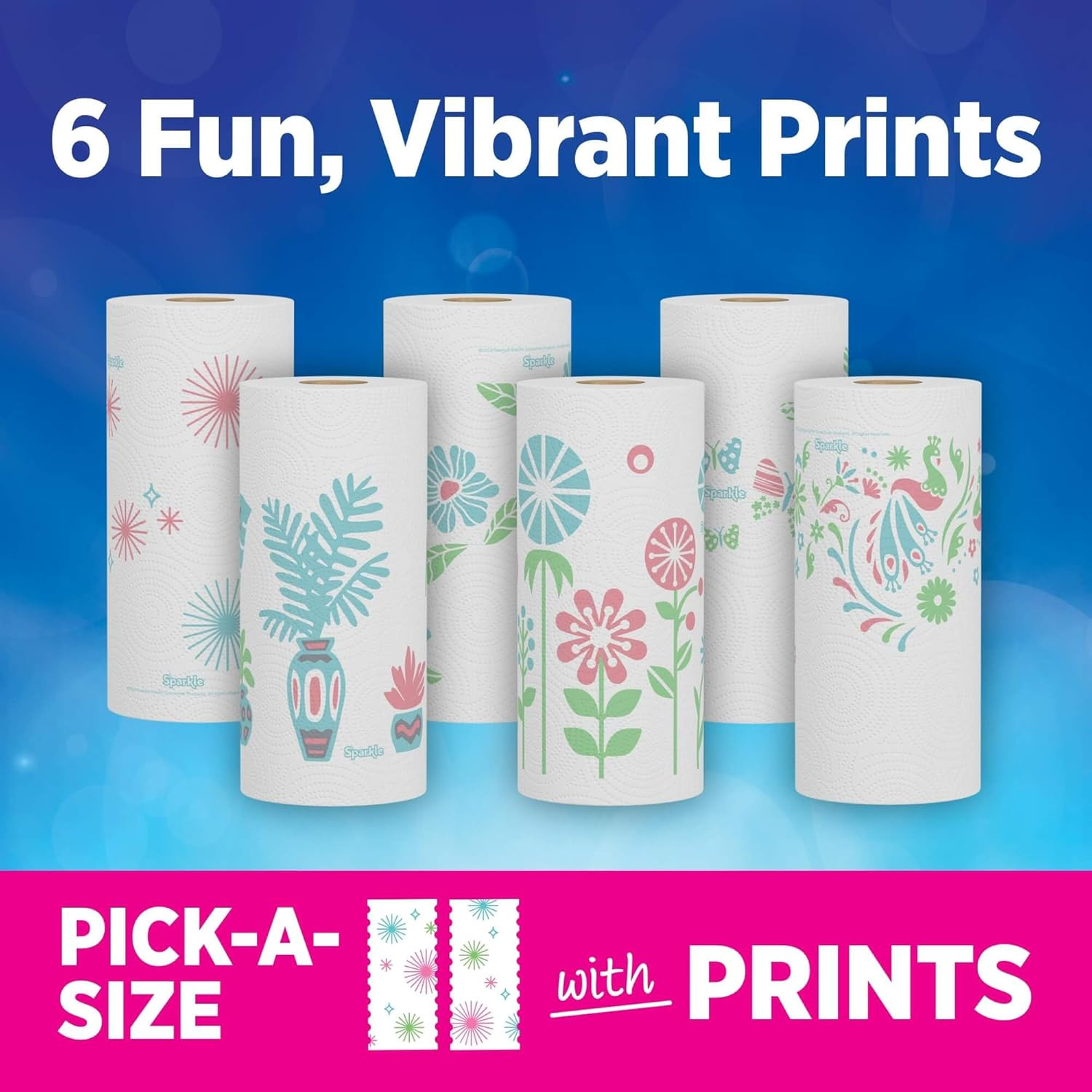 Sparkle Pick-A-Size Paper Towels Spirited Prints 6 Double Rolls = 12 Regular