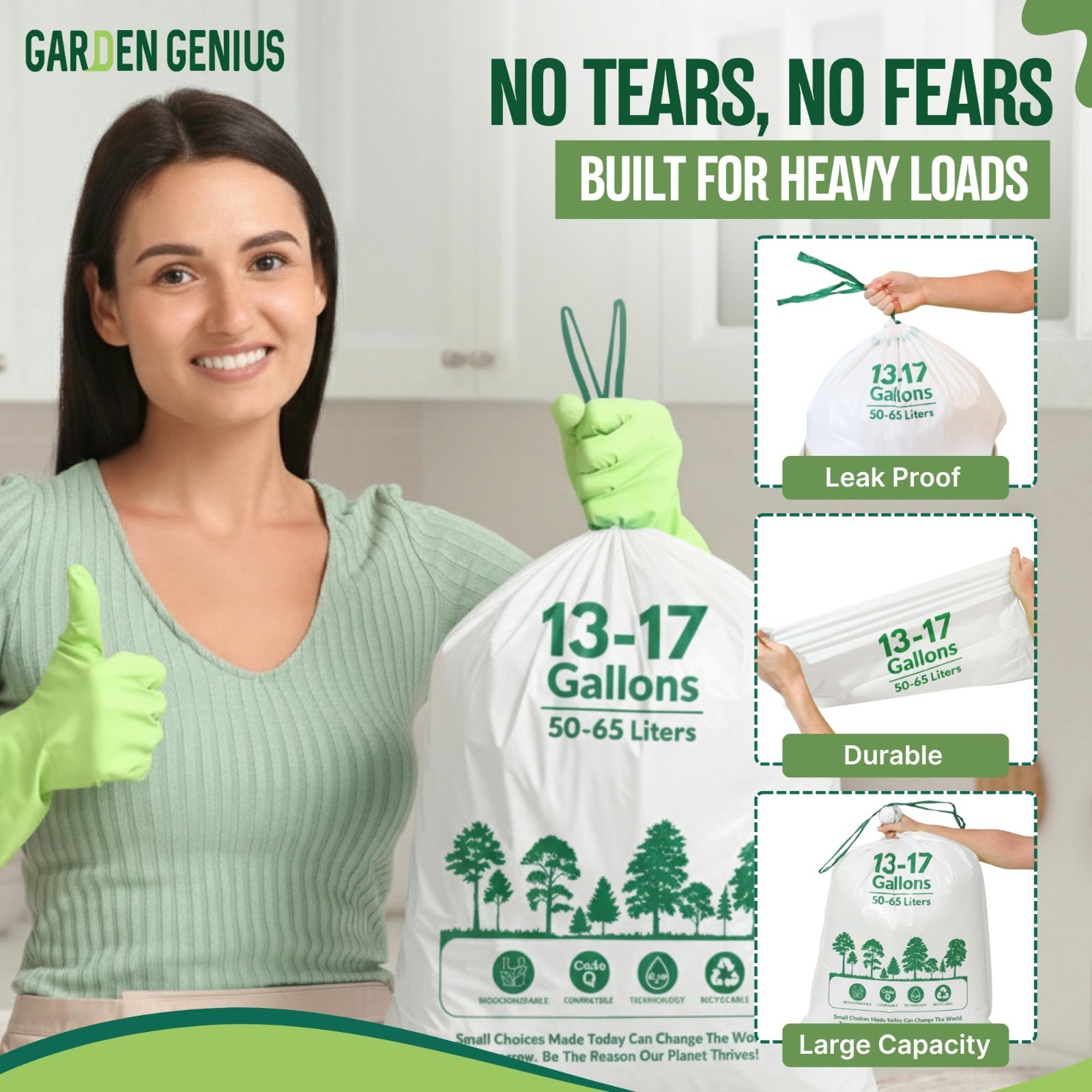 Biodegradable 13-17 Gallon Trash Bags, Heavy-Duty Drawstring Kitchen Bags, Eco-F
