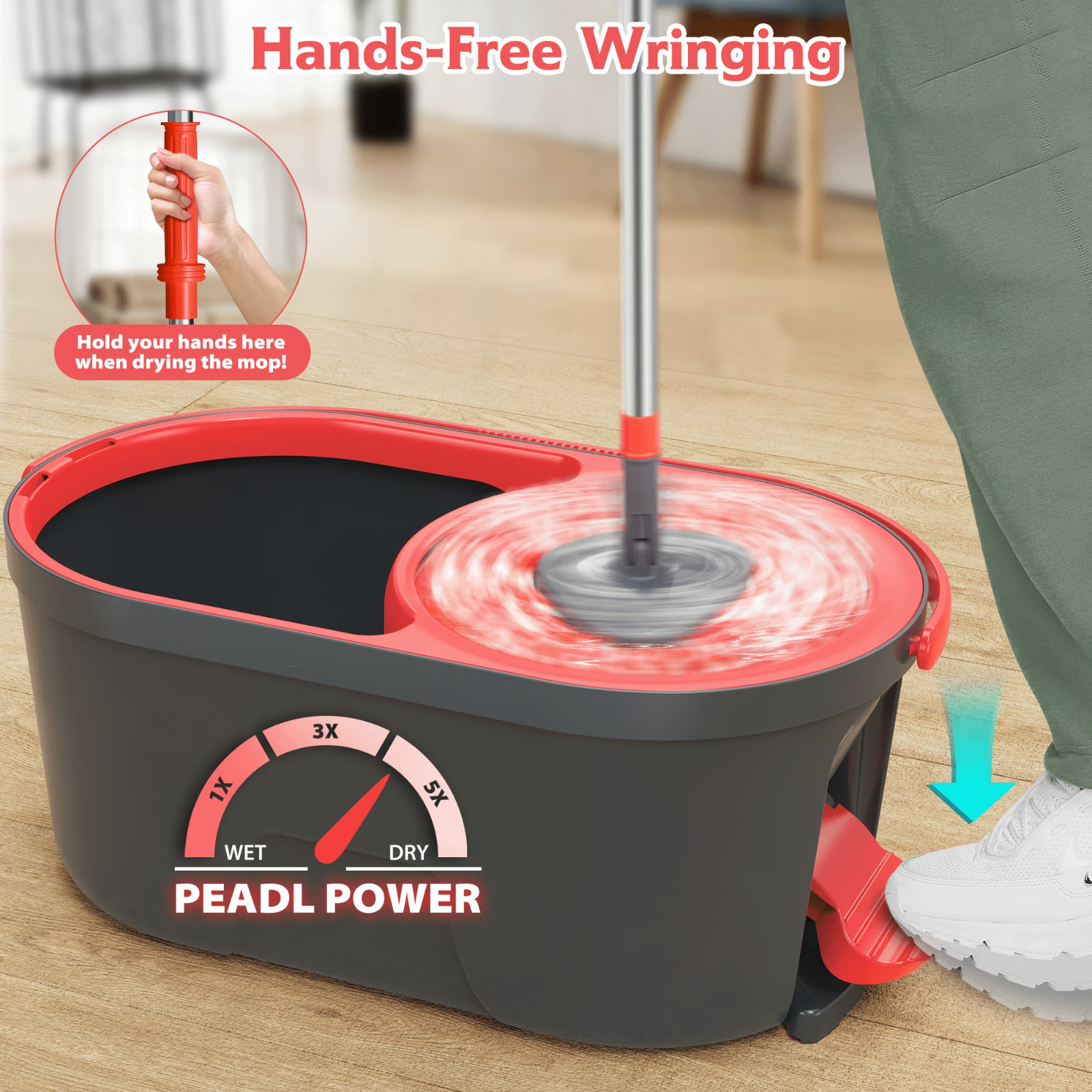 Rotating microfiber mop and bucket with foot-operated wringer.