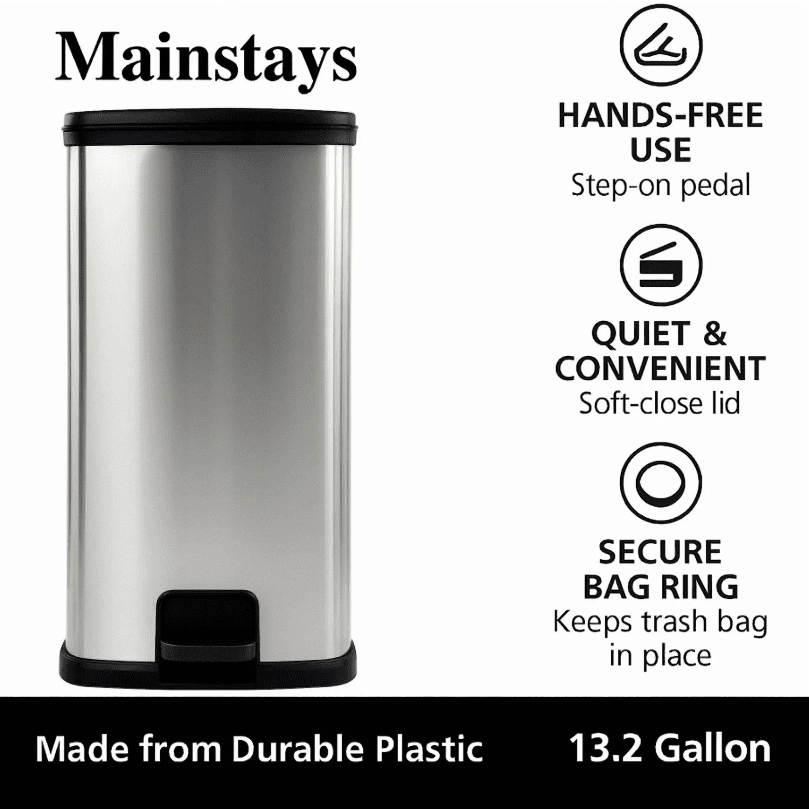 Mainstays Kitchen Trash Can, 13 Gallon, Rectangular Step Garbage Bin