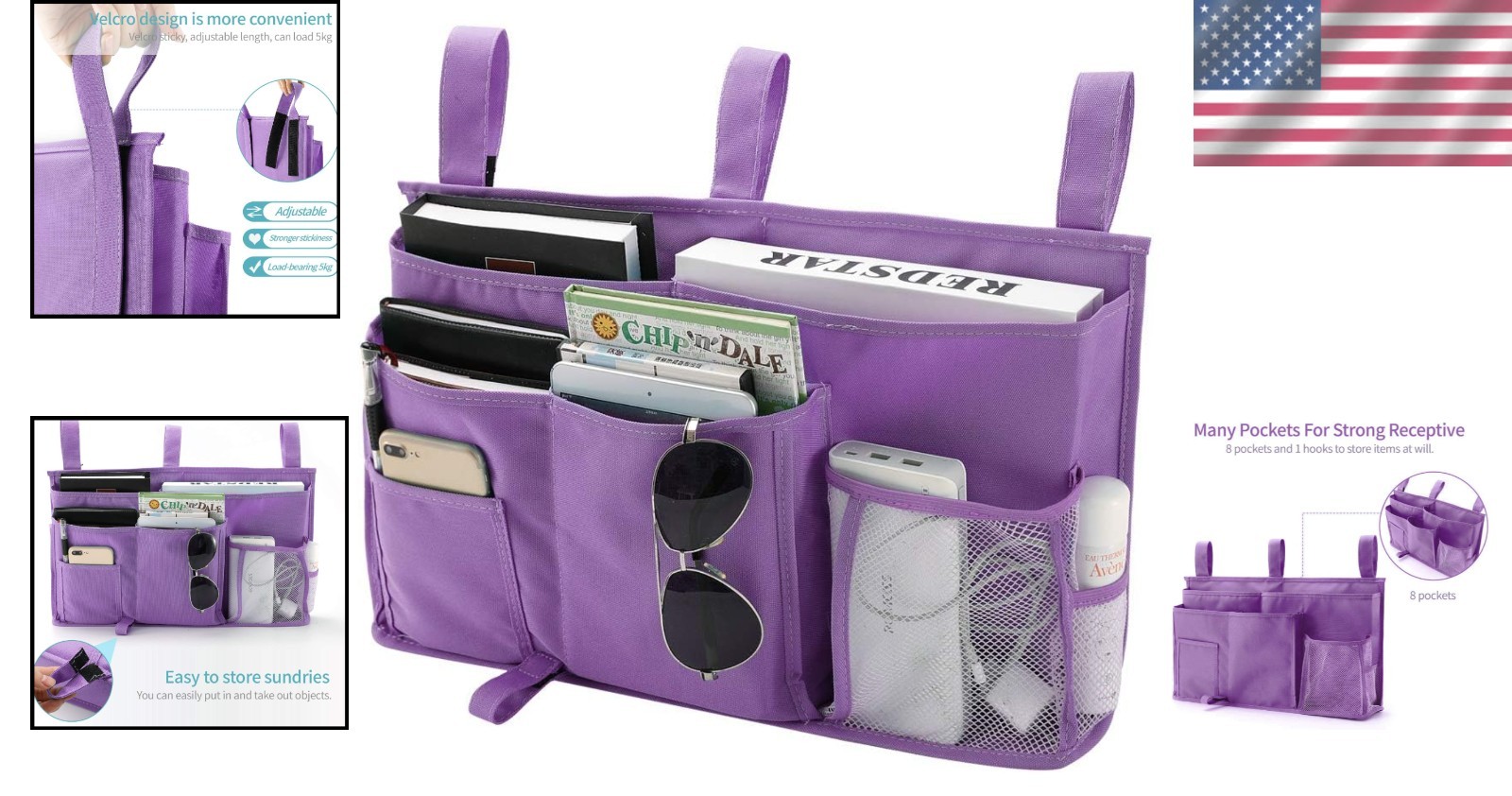Adjustable Bedside Storage Caddy – 8 Pockets, Waterproof Oxford Cloth – Purple