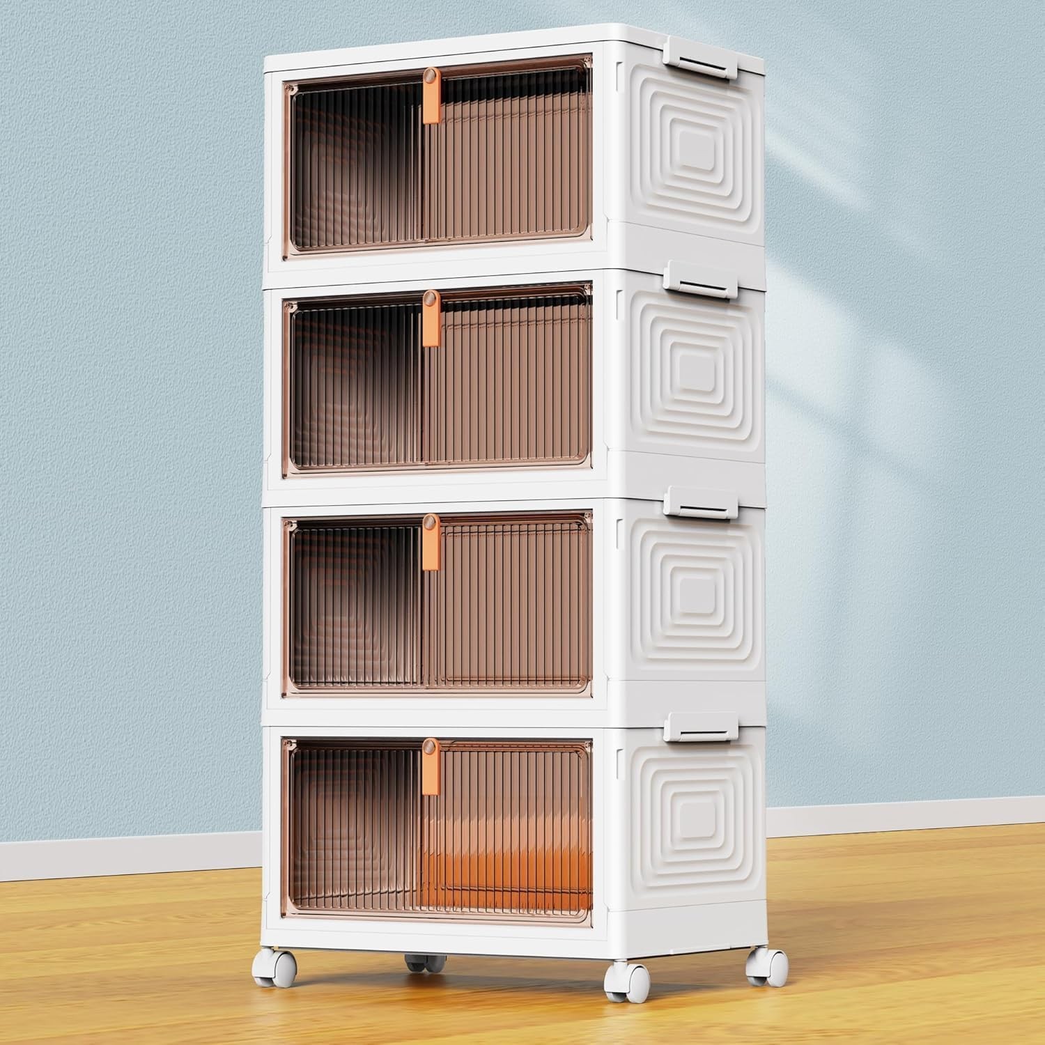 YFXCVSL 4-Tier Stackable Storage Bins 23QT w/Lid Wheels Folding Boxes