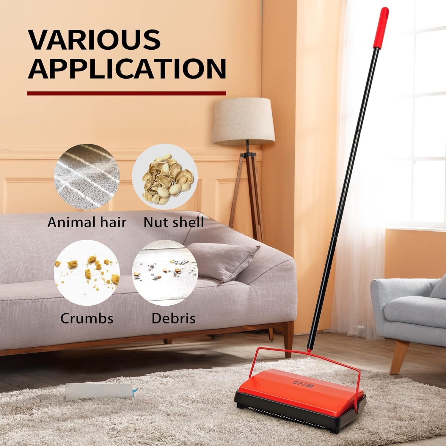 Carpet Floor Sweeper Manual with Horsehair, Non Electric Quite Rug Roller Bru…