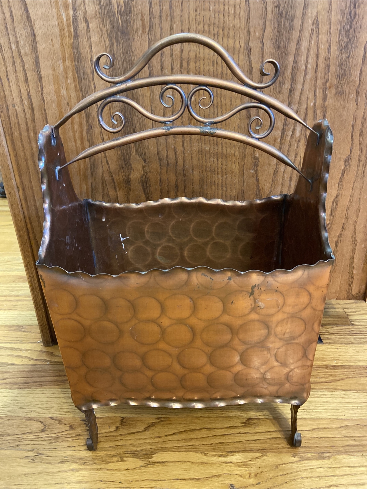 Vintage Art Deco Copper & Metal Ornate Magazine Rack/ Wood Holder