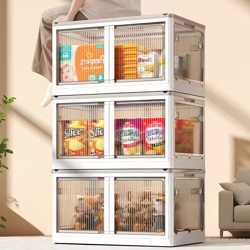 3 Pack Collapsible Storage Bins w/ Lids 4 Wheels Doors Lock Stackable Closet Box
