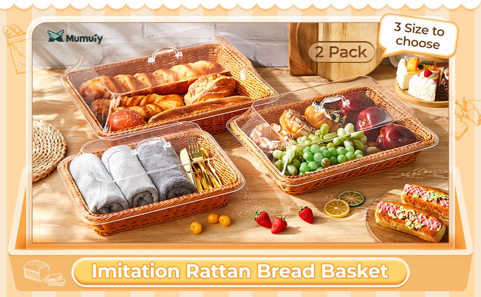 2 Pack Wicker Large Bread Basket with Acrylic Lid Housewarming Woven