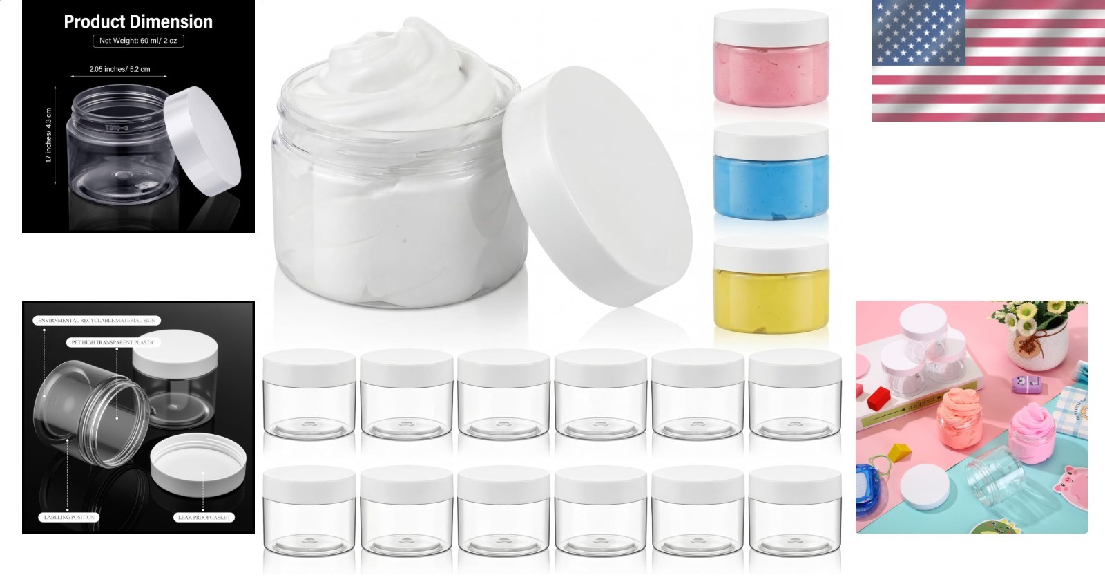 Empty 2 oz Round Plastic Jars 16 Count White Screw Top Containers for DIY Crafts