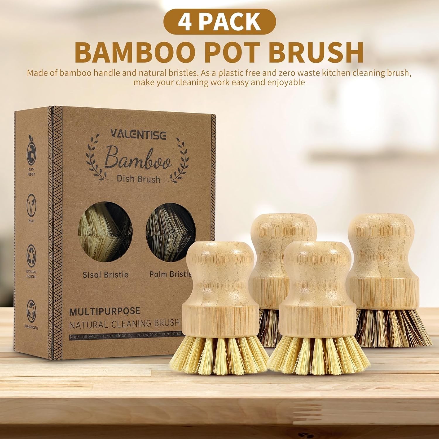 4 Pack Bamboo Dish Brush Set Natural Palm Dish Scrubber for Pots and Vegetables