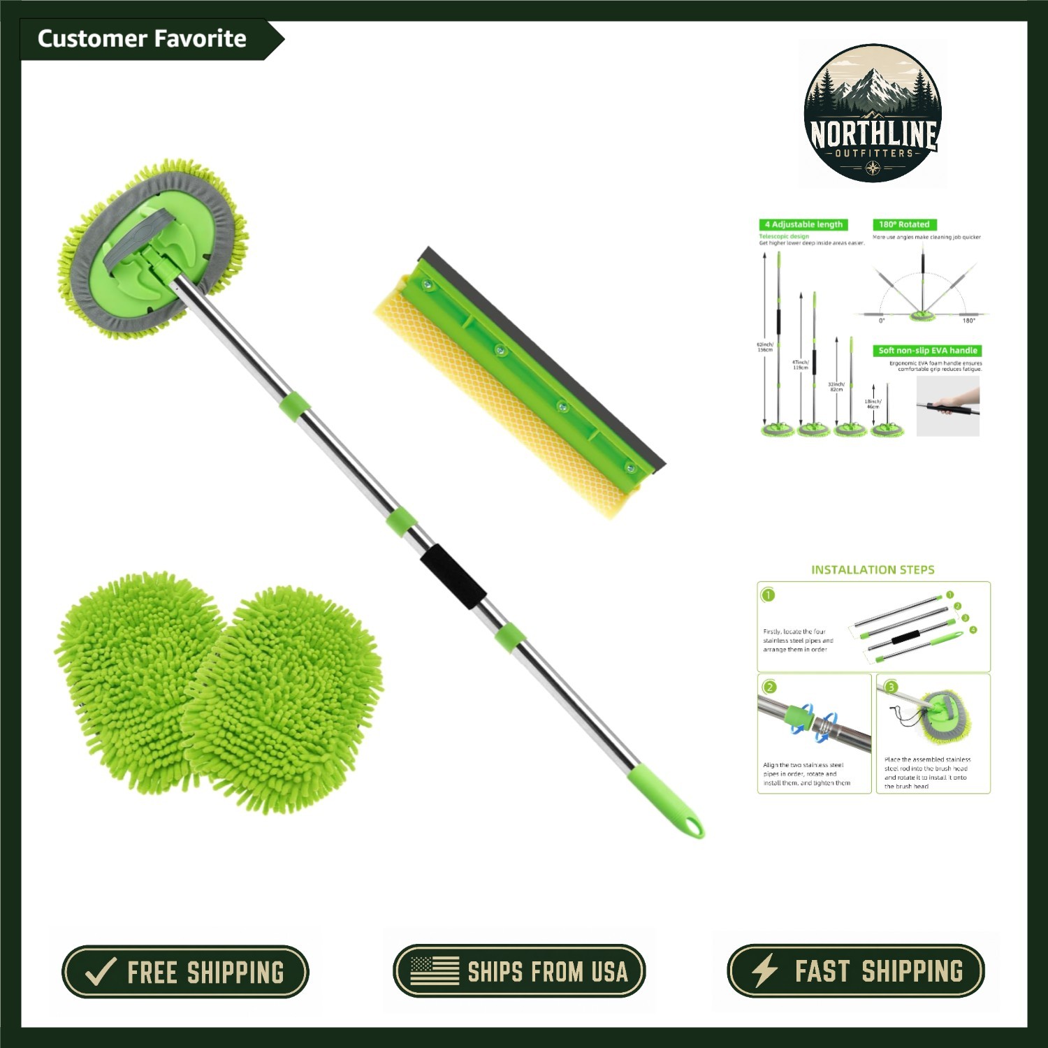 Car Wash Brush Kit – 62″” Long Handle Microfiber Cleaning Brush for Car RV Truck