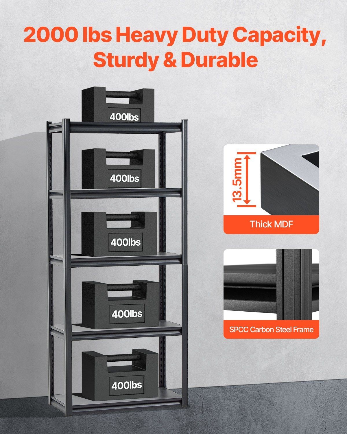 5-Tier Steel Garage Shelves: 2000lb Cap, 16″Dx32″Wx72″H, Adjustable & Split