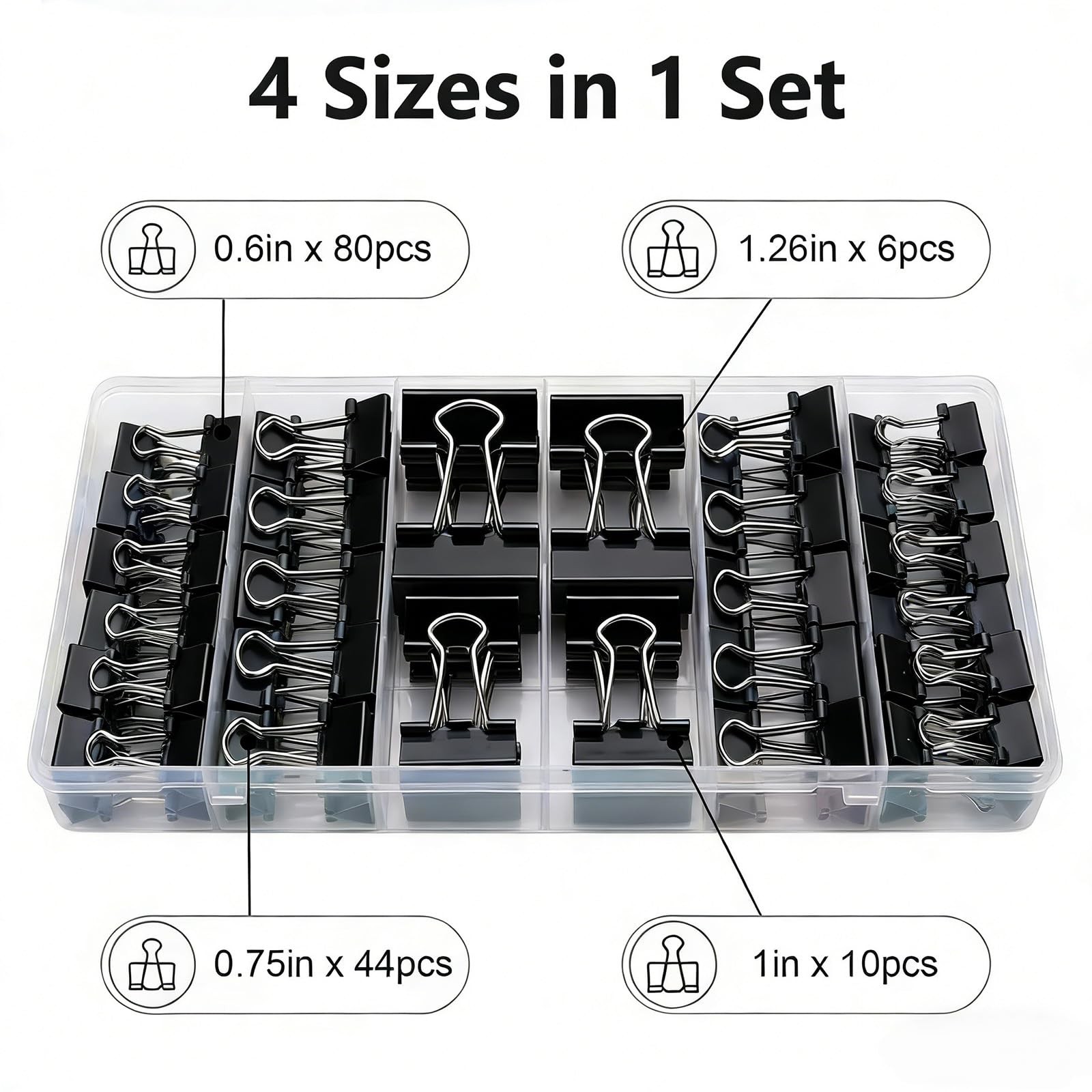 Binder Clips Assorted Sizes, 140 4 sizes, 0.6in, 0.75in, 1 in, 1.26 Black